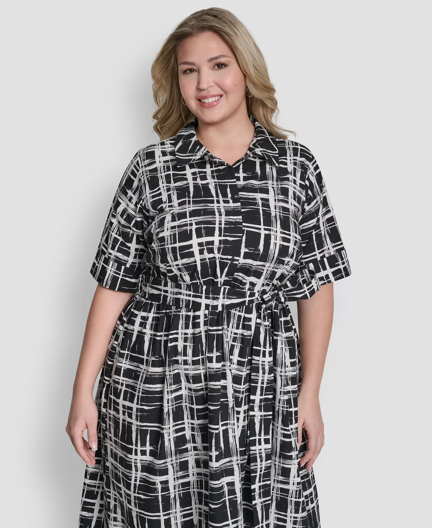 Plus Size Collared Button Down Dress - Black/Ivory - 14W