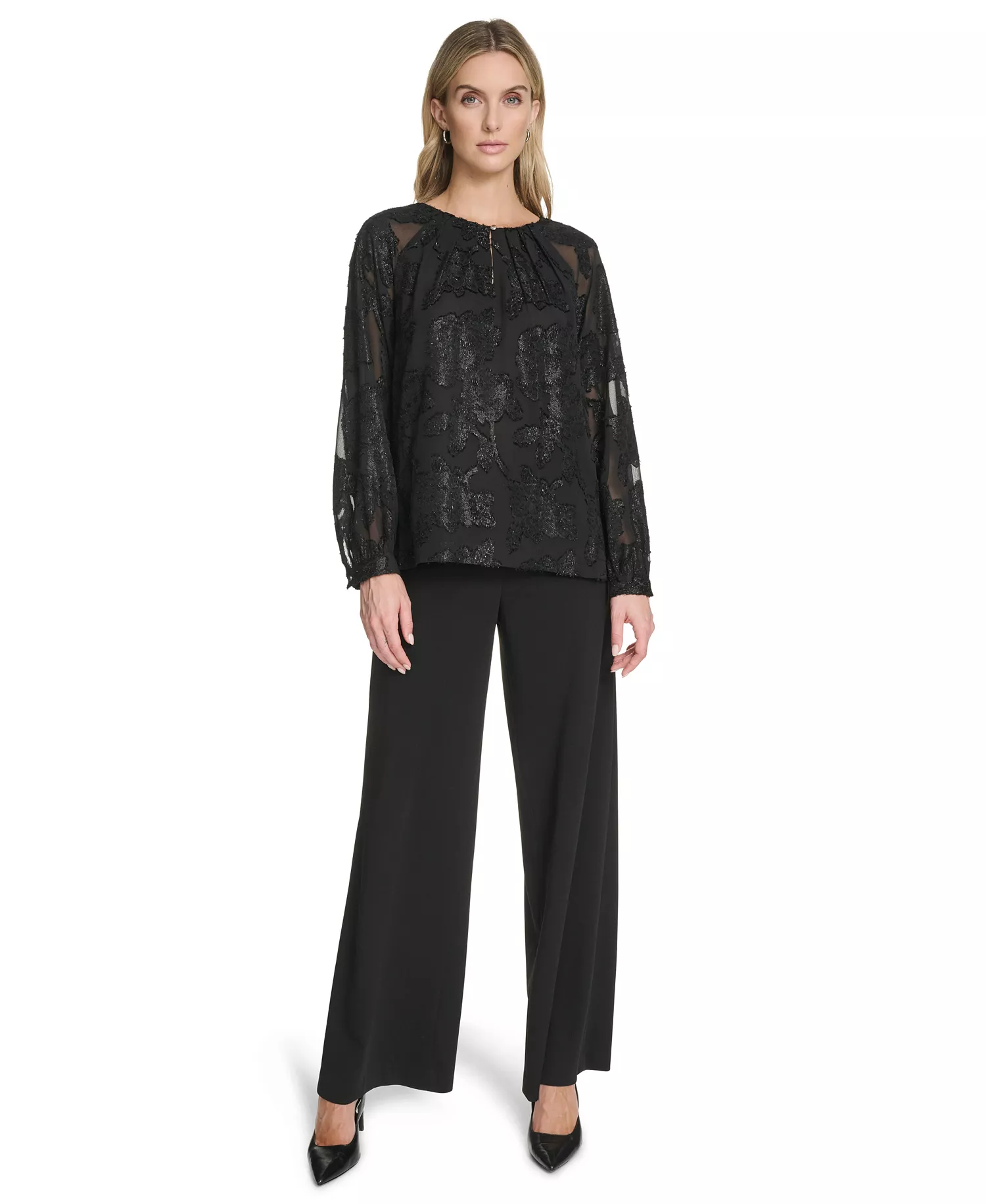 Women's Raglan Sleeve Metallic Blouse - Black - M