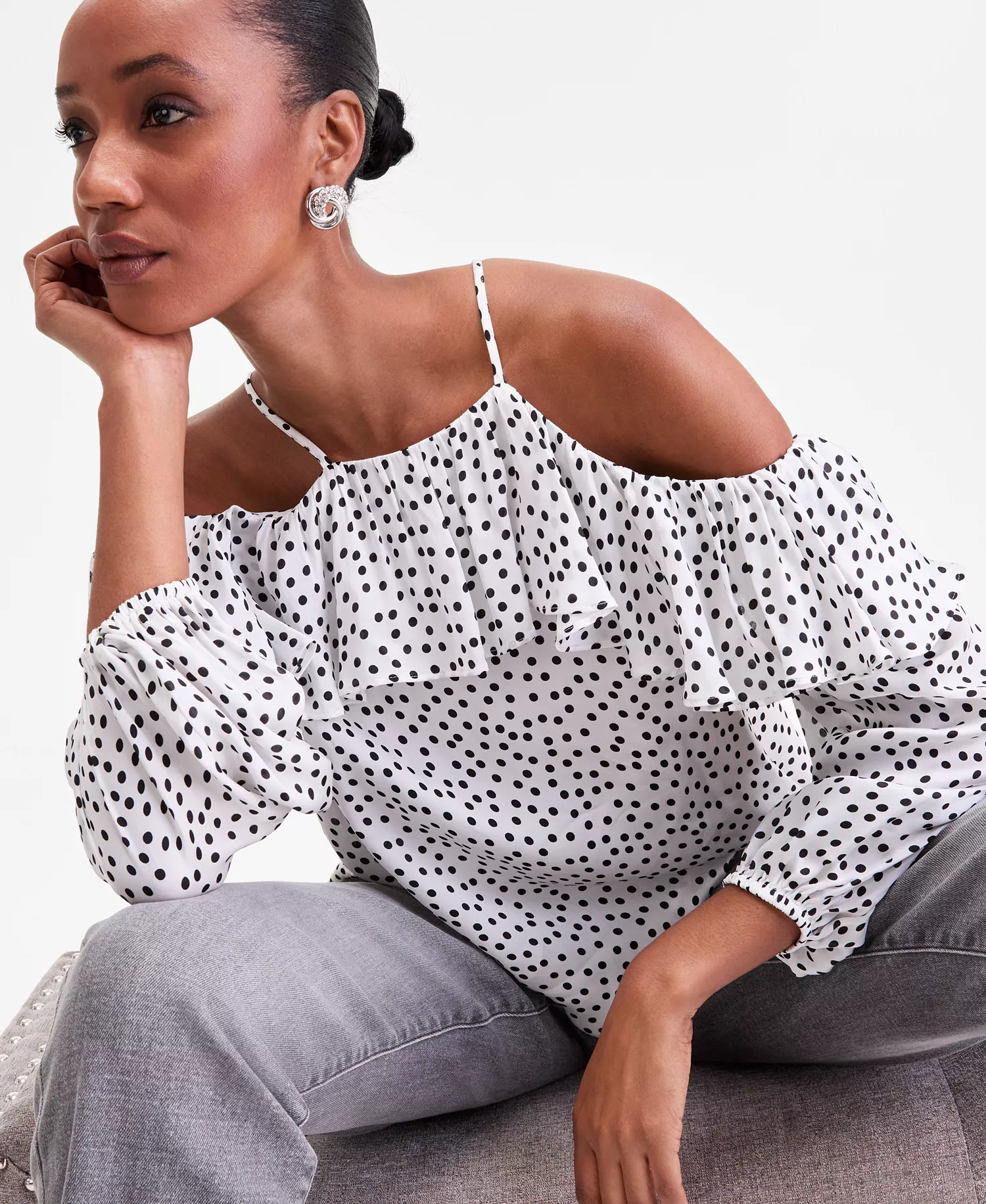 Women's Long Sleeve Cold-Shoulder Printed Blouse, Macy's Exclusive  - Lilia Dots - L