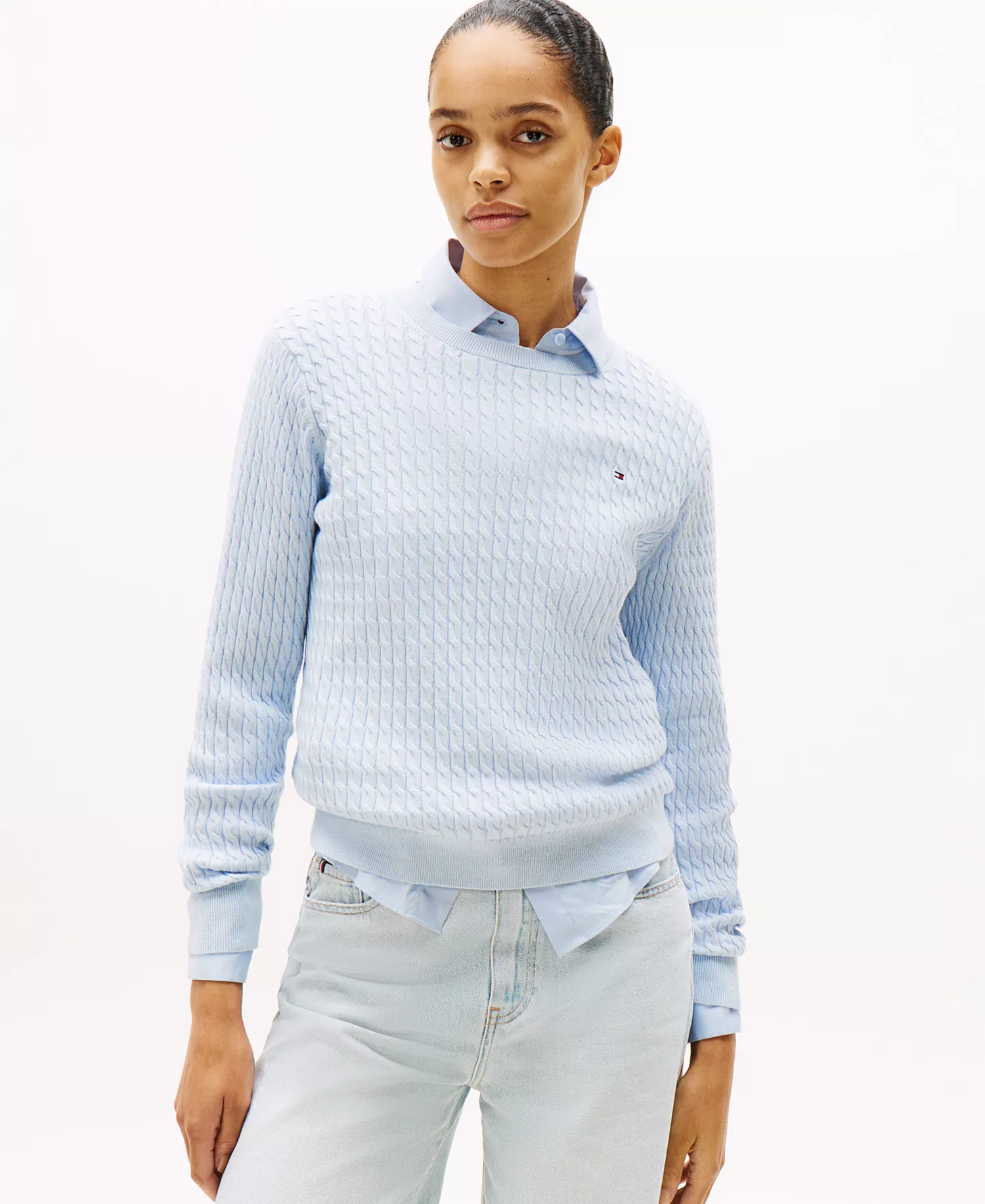 Women's Fine Gauge Cable Crewneck Top - Breezy Blue - L