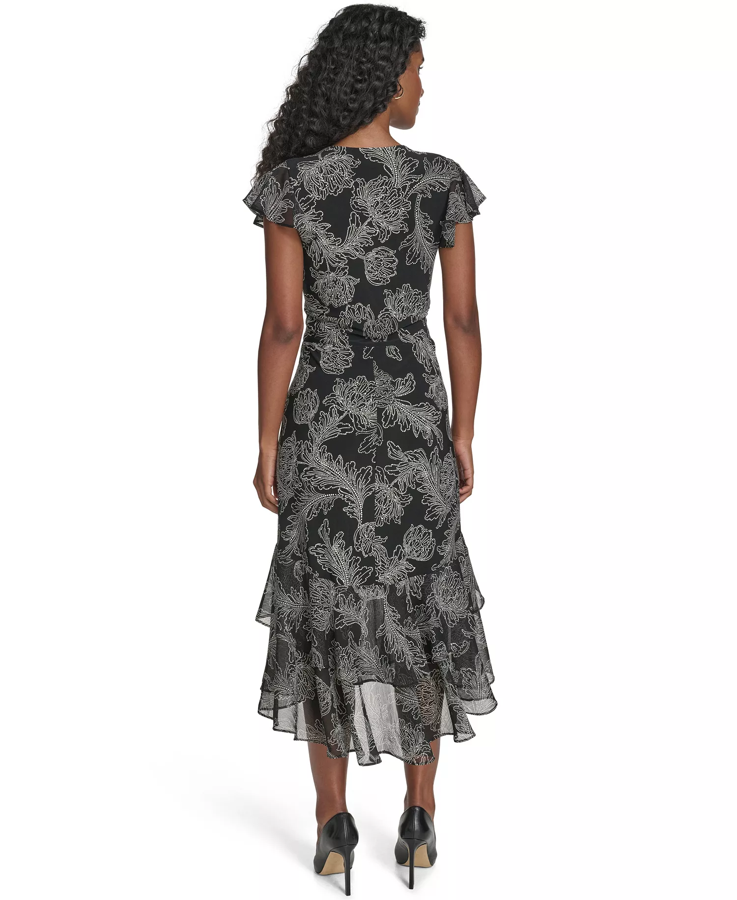 Women's Flutter Sleeve Tiered Midi Dress - Black gray - 10