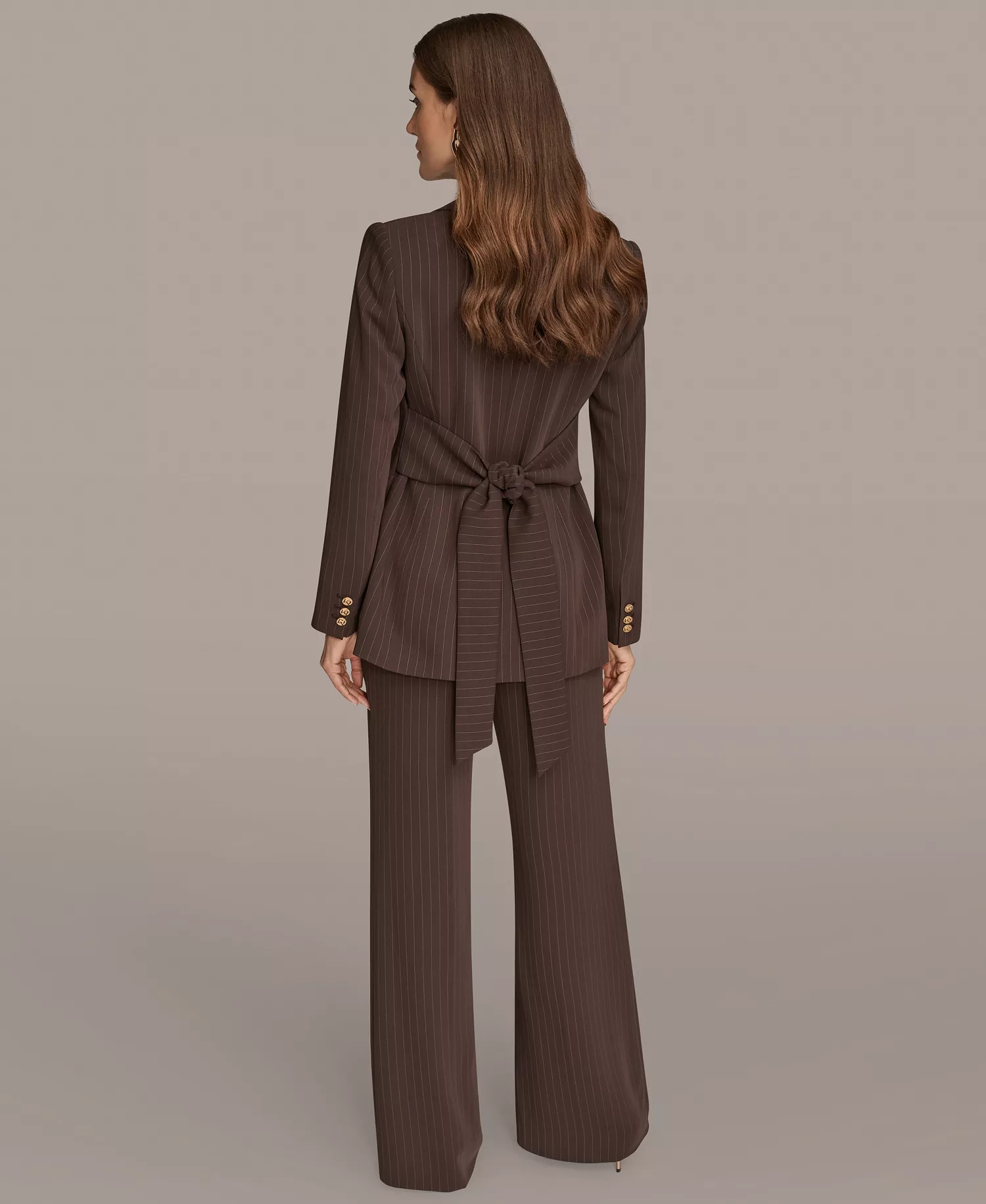 Women's Notch Lapel Collar Pinstripe Tie-Waist Jacket - Chocolate Plum/Nolita - 12