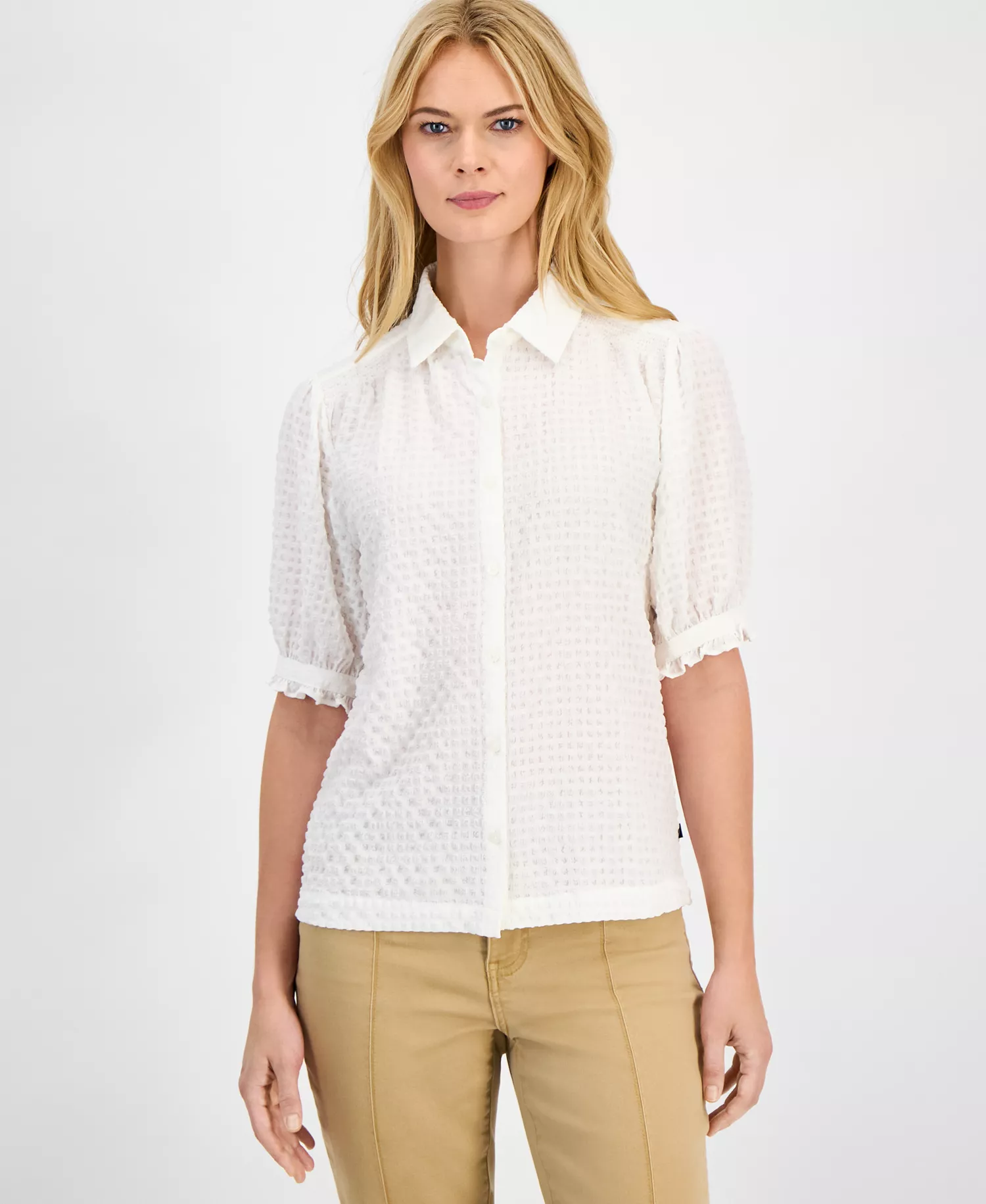 Women's Checked Short-Sleeve Smocked Blouse - Ivory - L