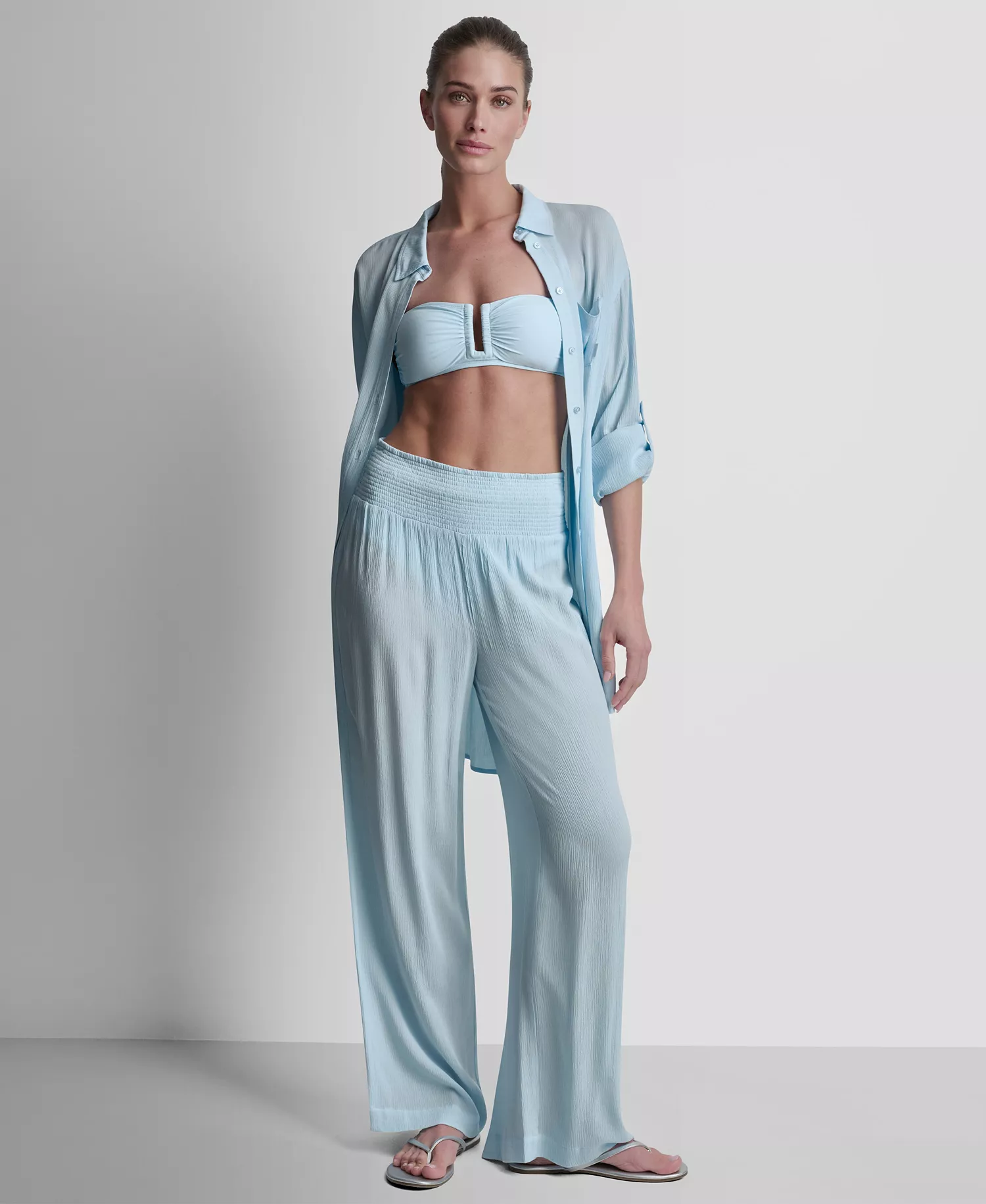 Women's Smocked-Waist Cover-Up Pull-On Pants - Black - L