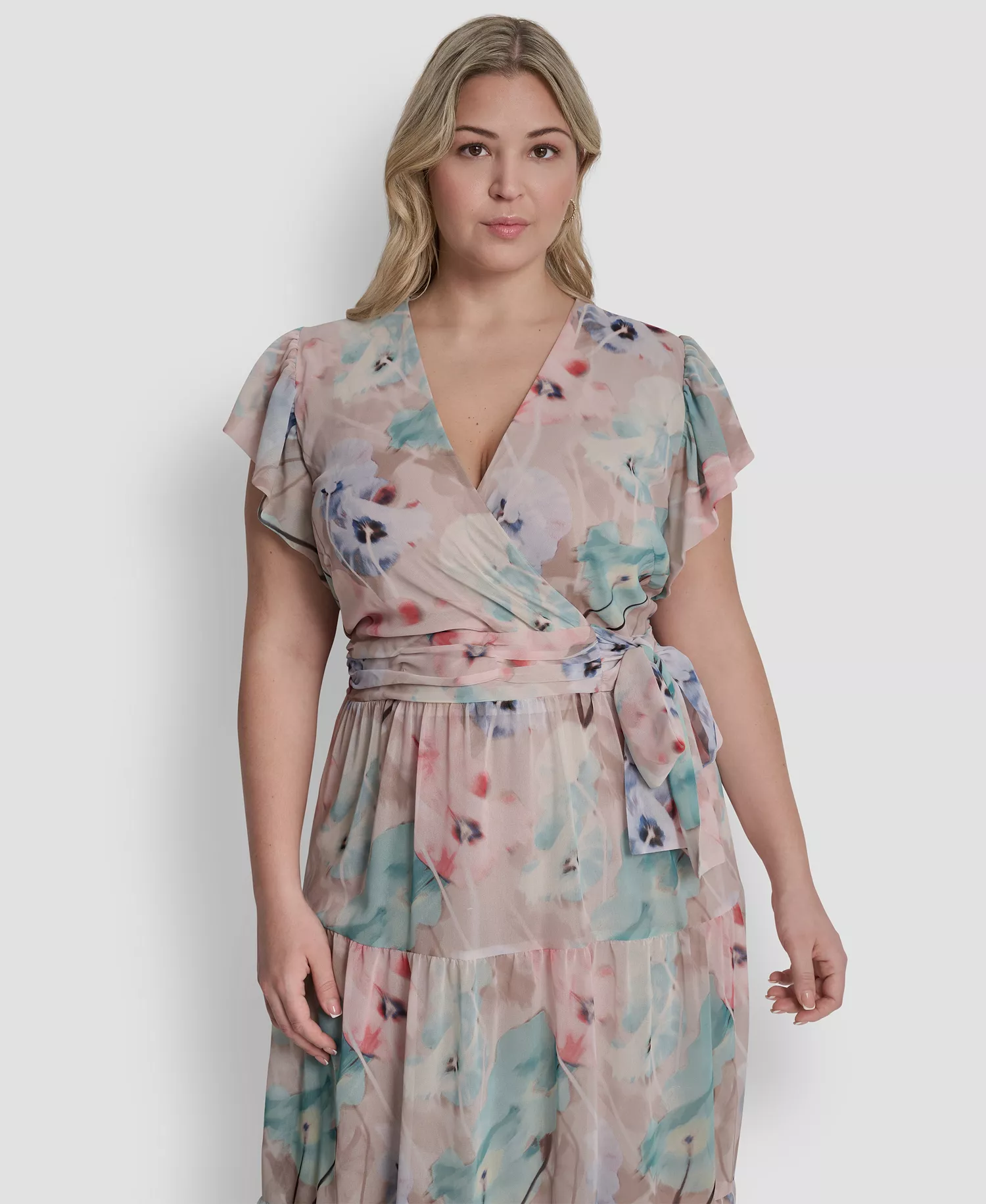 Plus Size Ruffle Short-Sleeve V-Neck Tie Waist Maxi Dress - Moonlight Multi - 14W