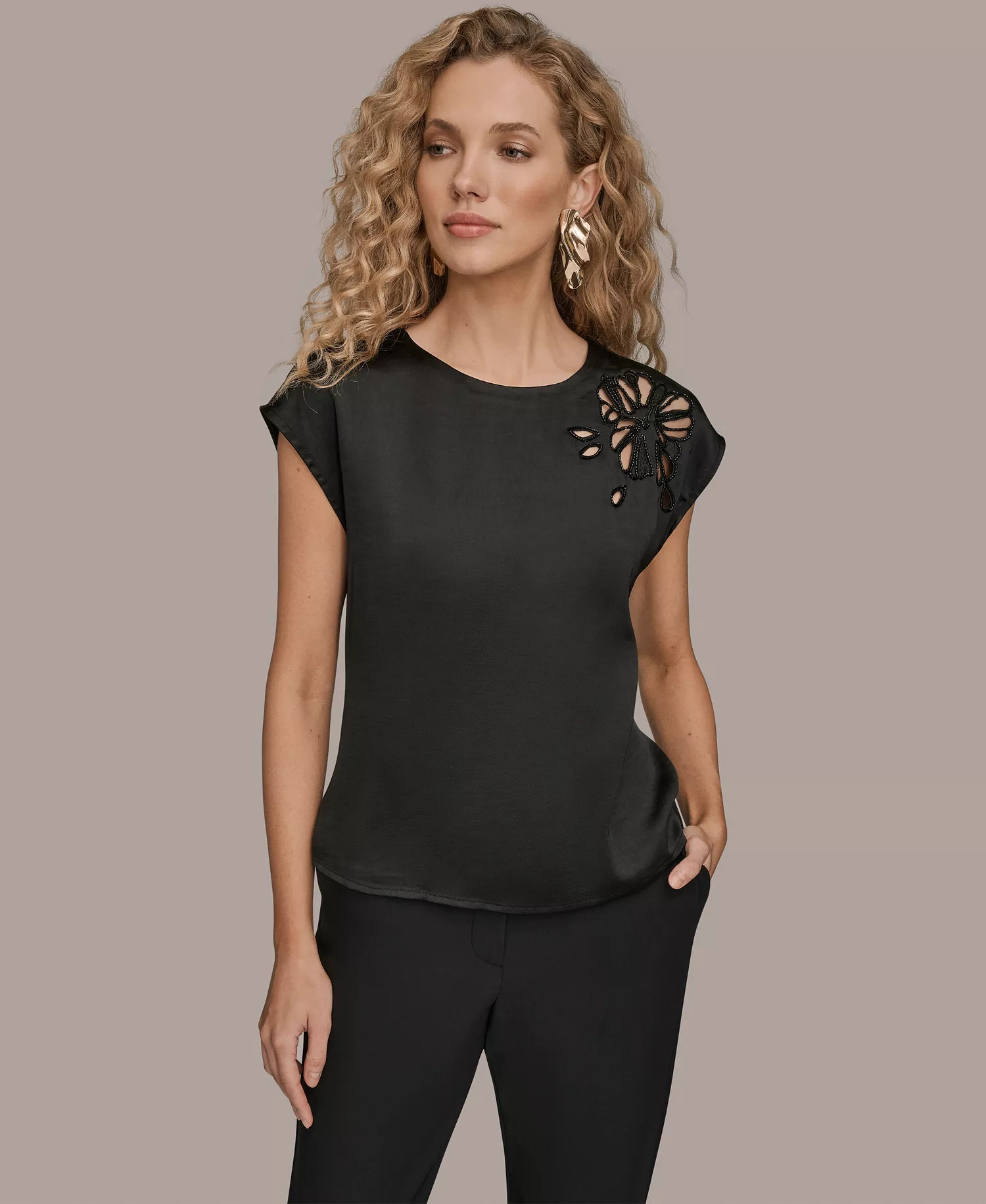 Women's Cap Sleeve Floral Cutout Satin Blouse - Black - L