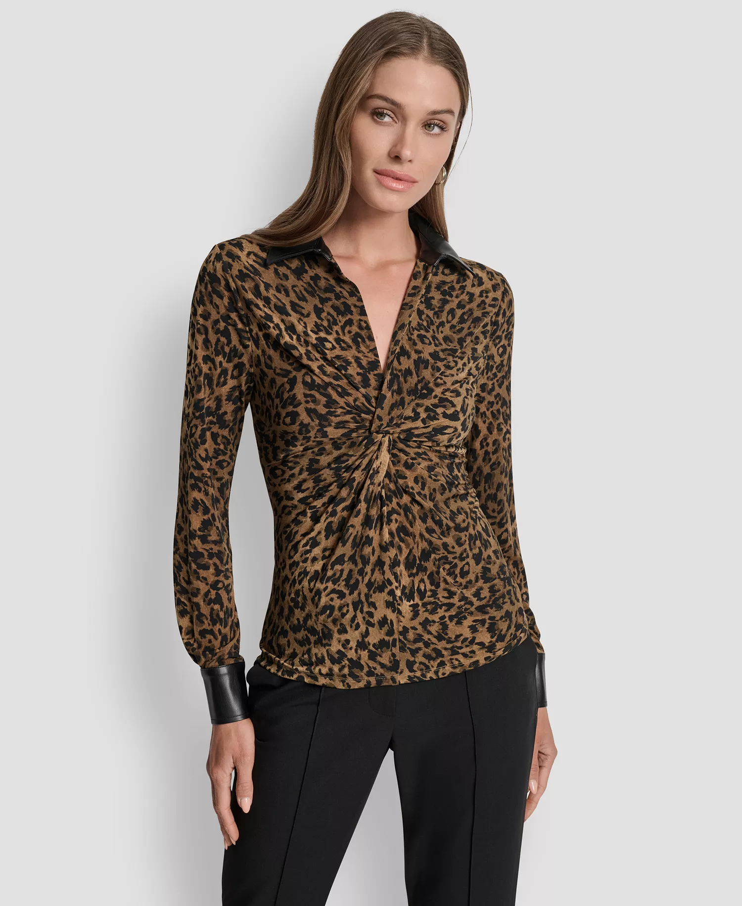 Women's Knot-Front Long-Sleeve Blouse - Truffle Multi - XS
