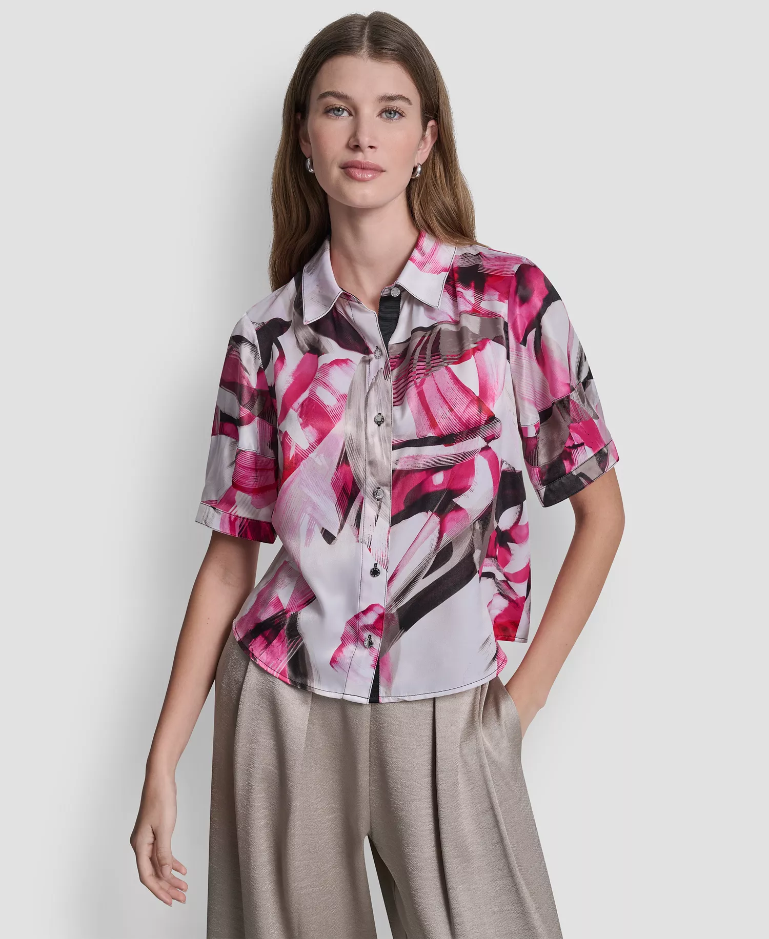 Women's Geometric Print Collared Shirt - Spring Wisps - L