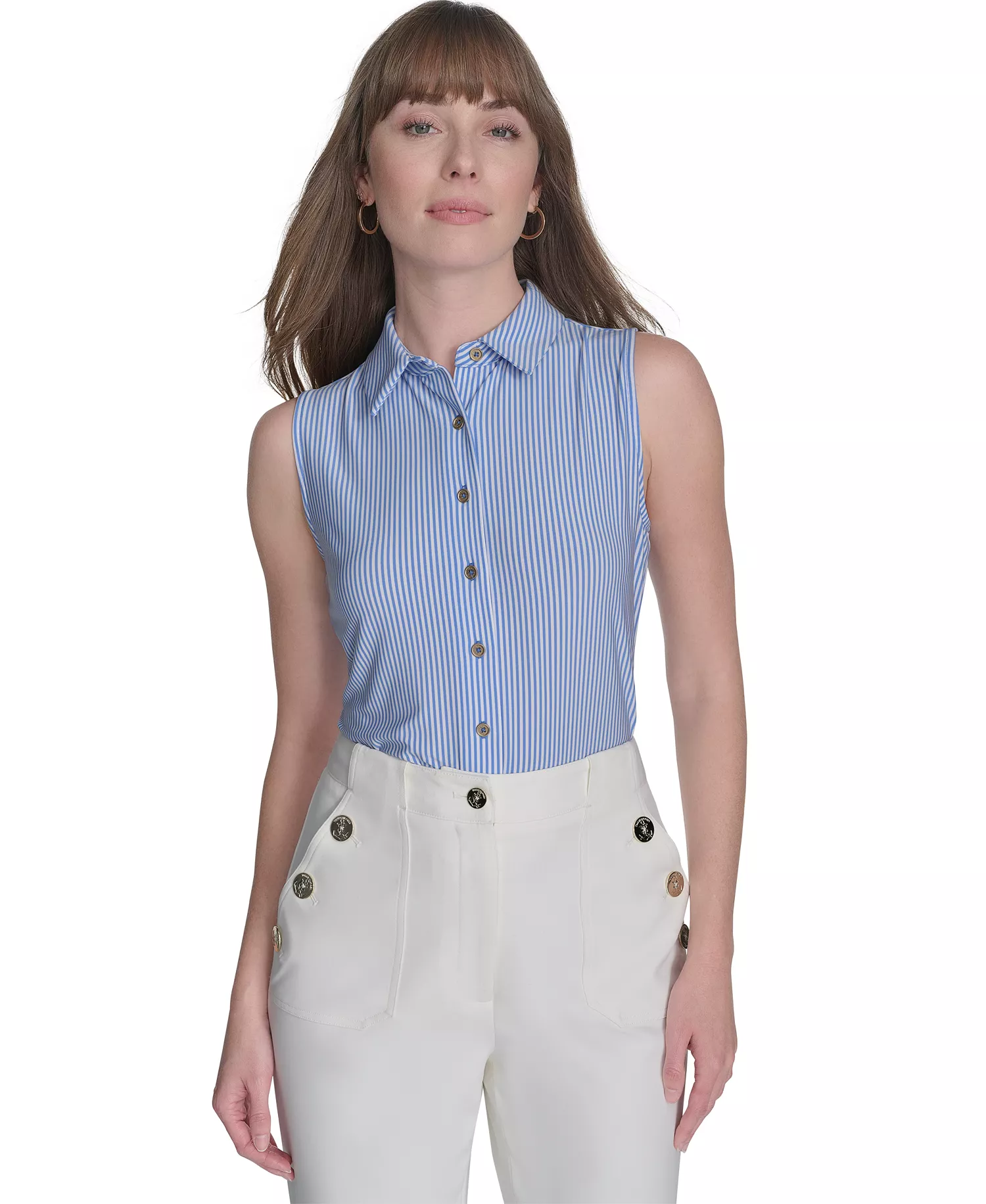 Women's Sleeveless Pinstripe Top - French Blue/Ivory - L
