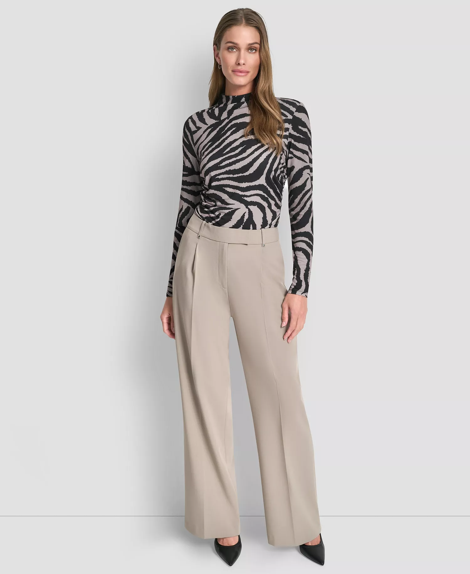 Women's Pintuck Wide Leg Mid Rise Trousers - Tan - 10
