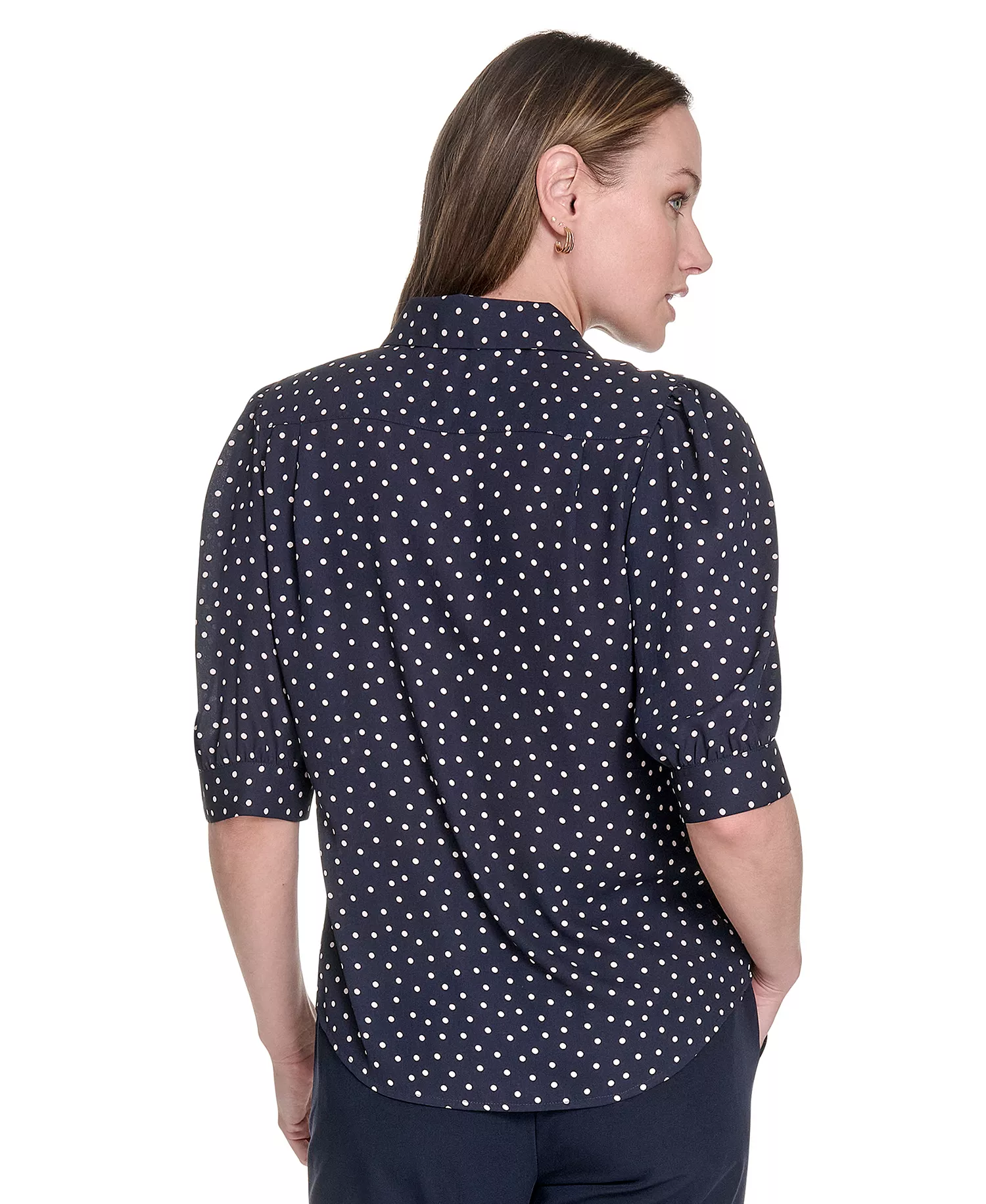 Women's Printed Point Collar Puff-Sleeve Blouse - Midnight/ Powder - M