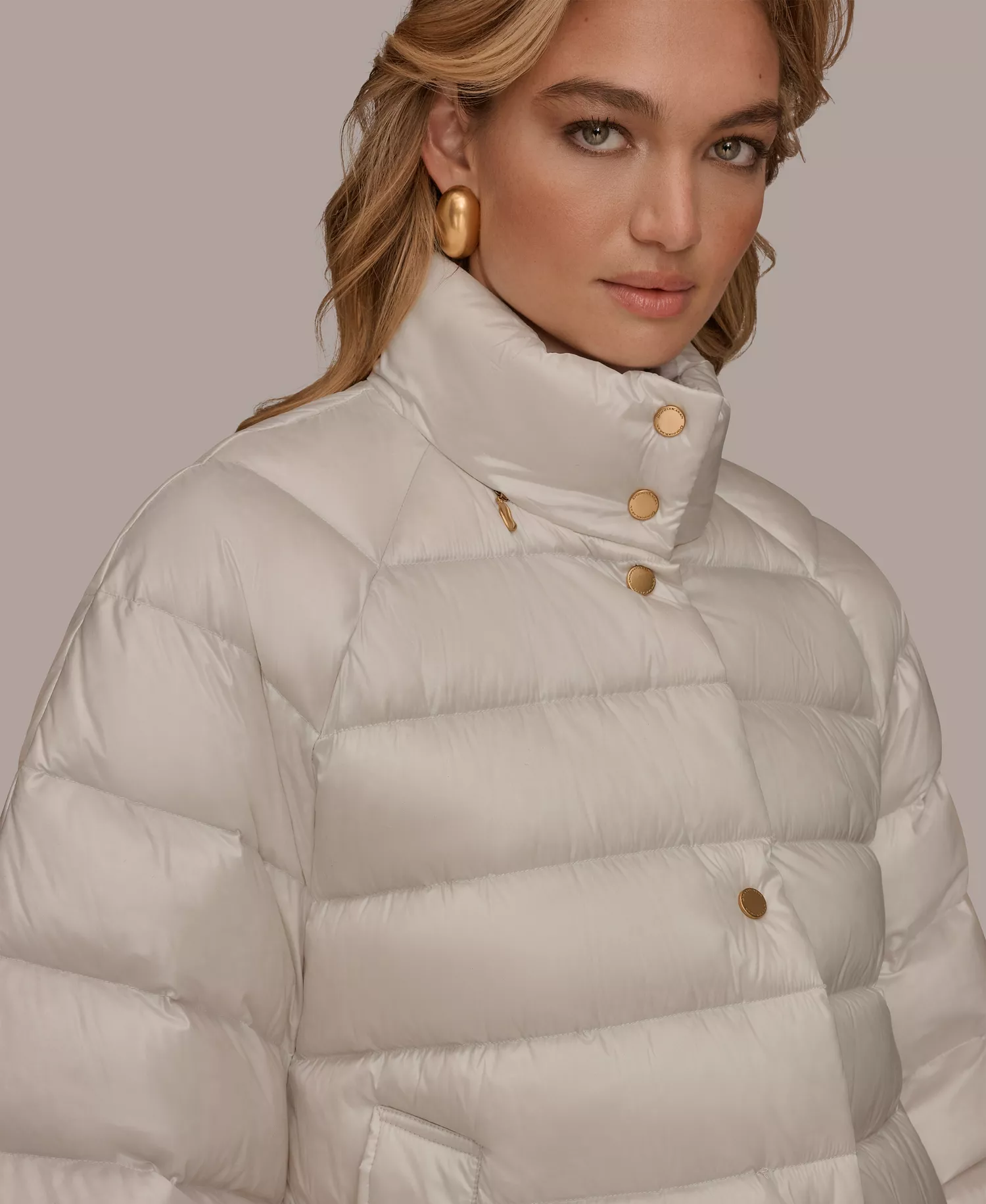 Women's Stand-Collar Down Puffer Cape - Shine White Sand - L/XL