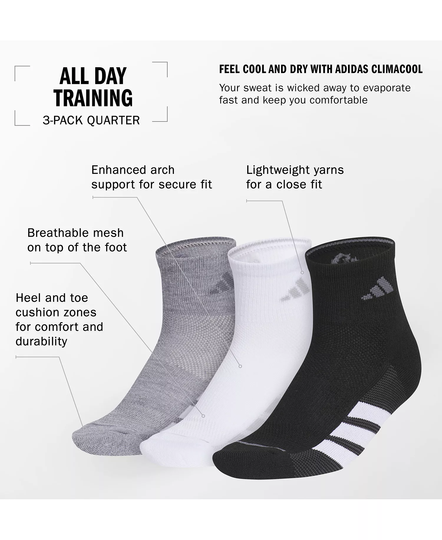 Women's 3-Pk. All Day Training Quarter Socks - Grey/white/black - 5-10