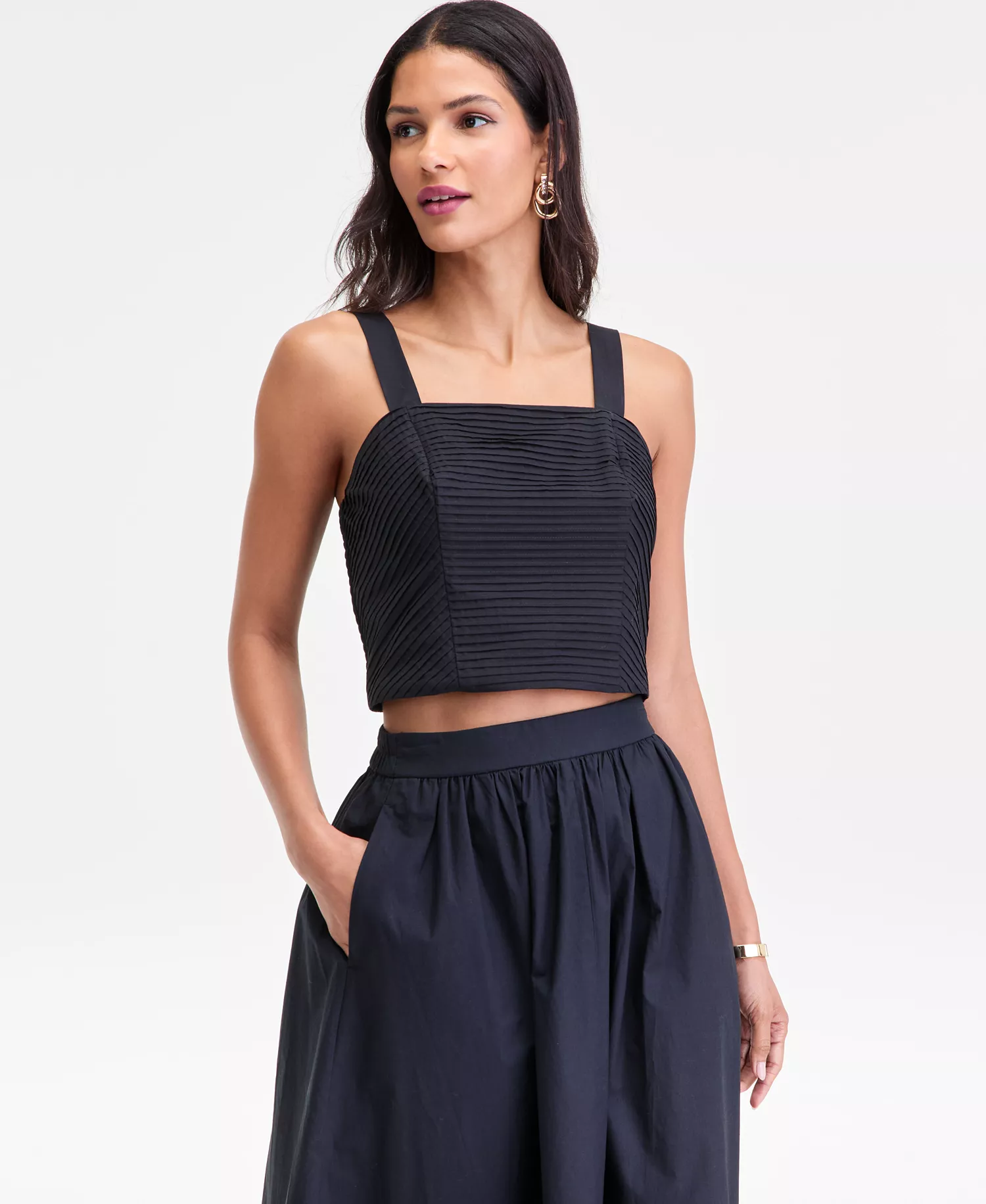 Women's Cropped Pintuck-Pleat Tank Top, Macy's Exclusive - Deep Black - L