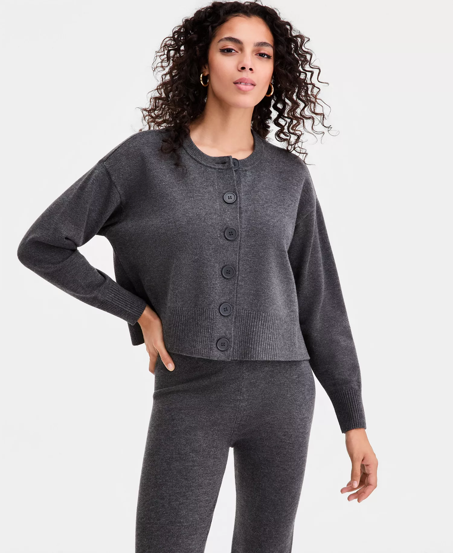 Women's Crewneck Cardigan, Macy's Exclusive - Mercury Grey - L