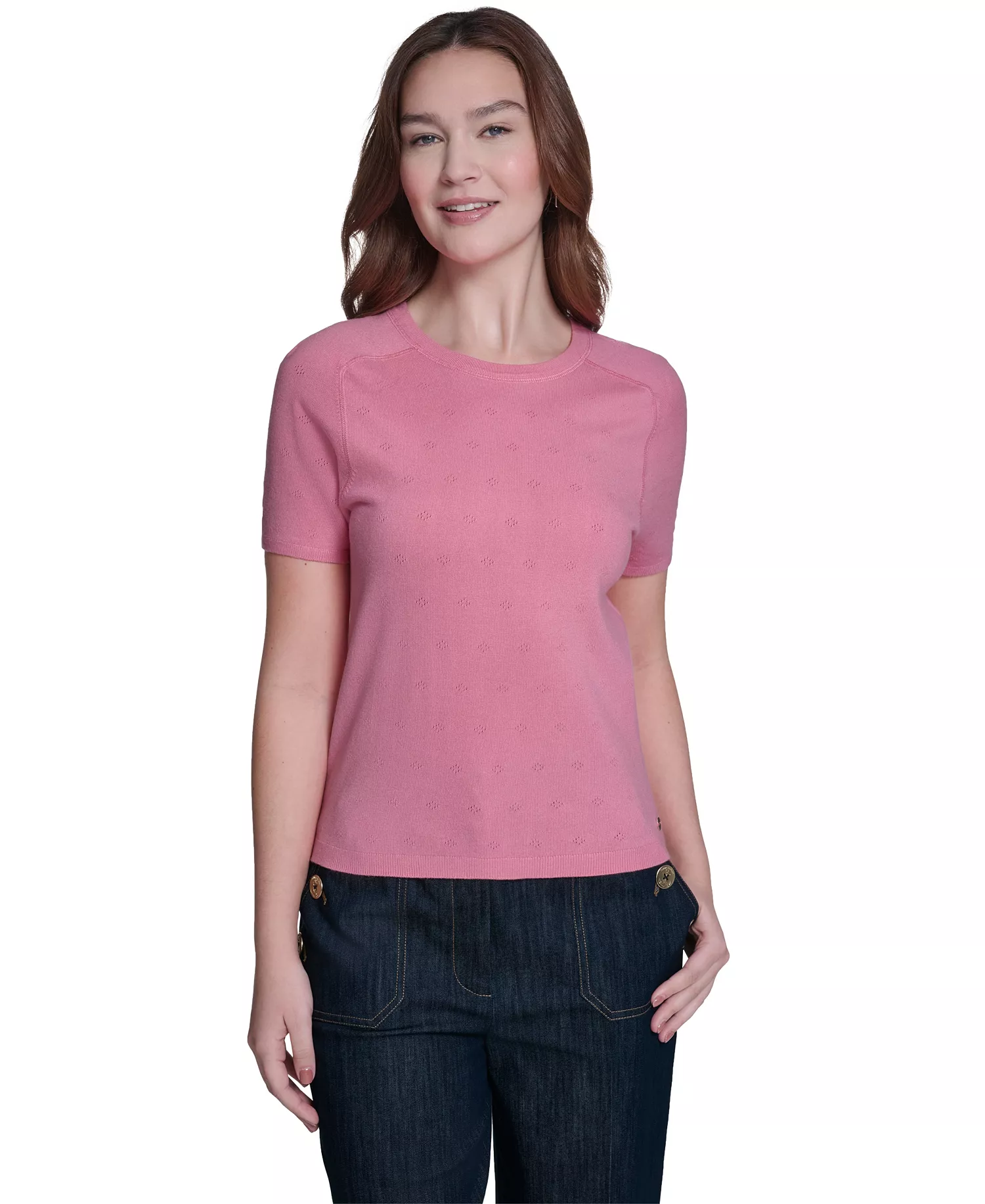 Women's Pointelle Short-Sleeve Sweater - Pink Tulip - L