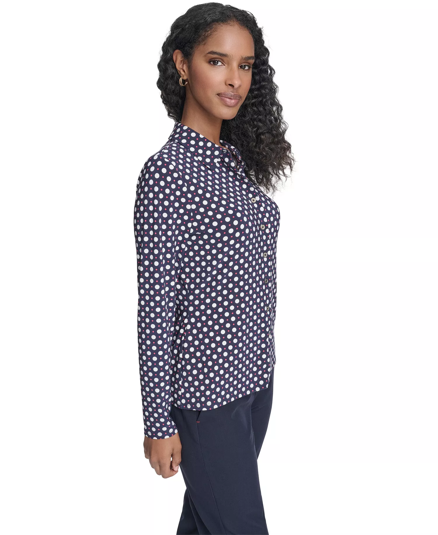 Women's Double Dot Long-Sleeve Button Down Shirt - Midnight/ Ivory/ Rethink Pink - L