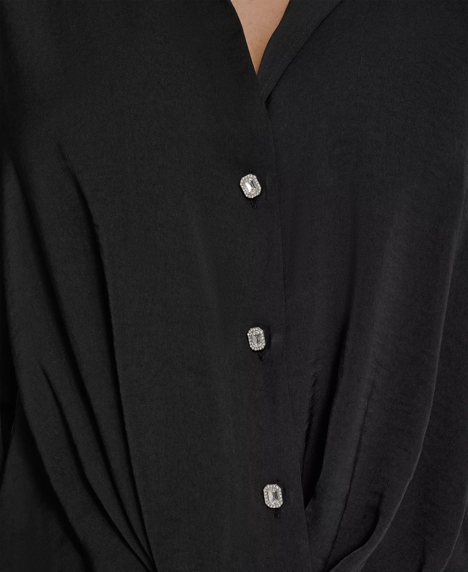 Women's Long-Sleeve Rhinestone Button-Front Shirt With Twist Hem - Black - L