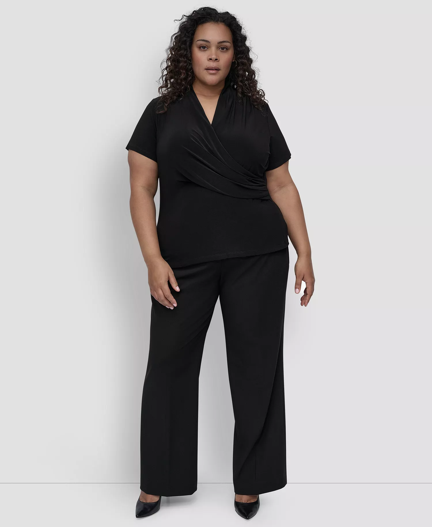 Plus Size Short-Sleeve Faux-Wrap Top - Black - 1X