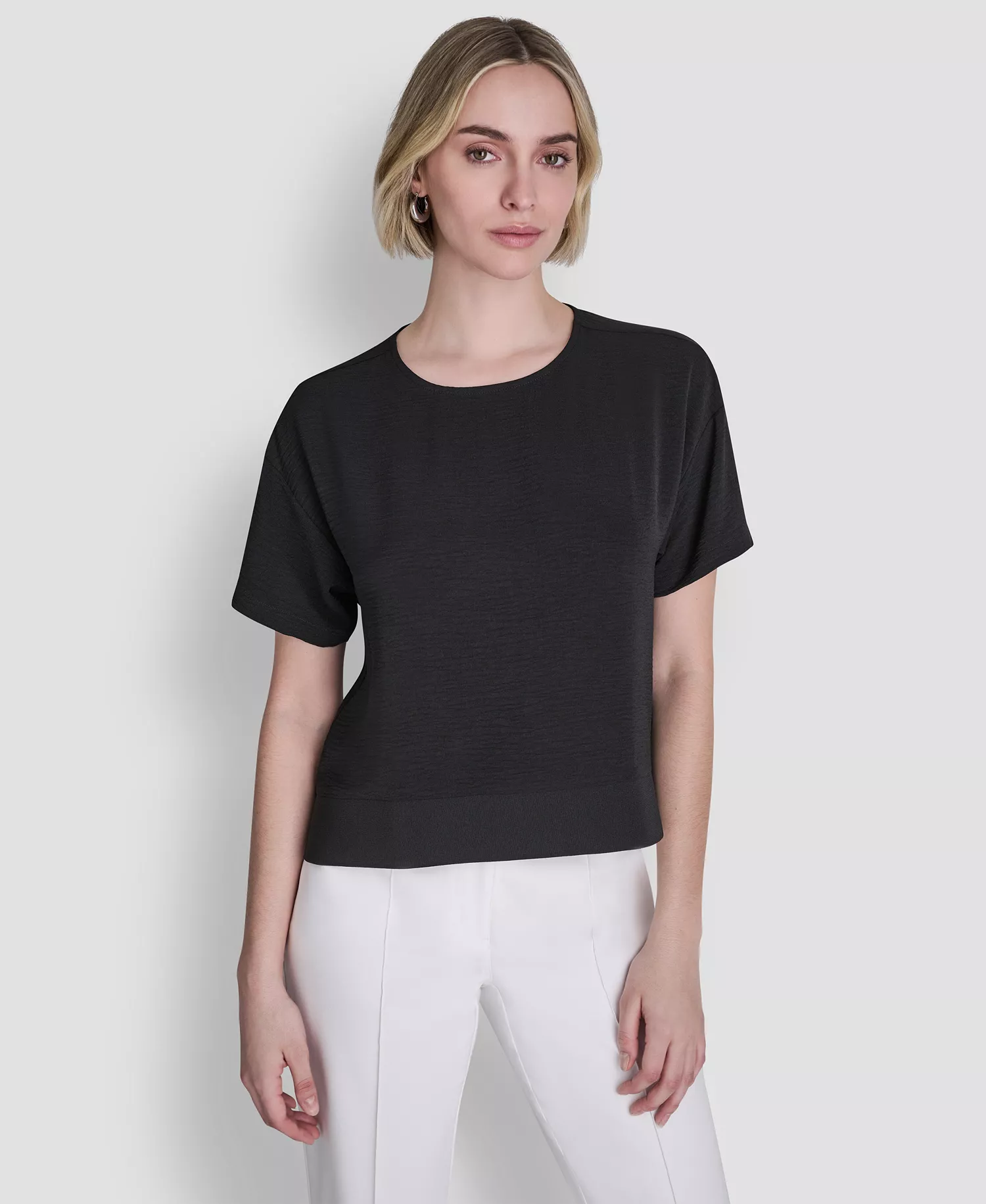 Women's Textured Woven Short-Sleeve Crew Neck Top - Black - L
