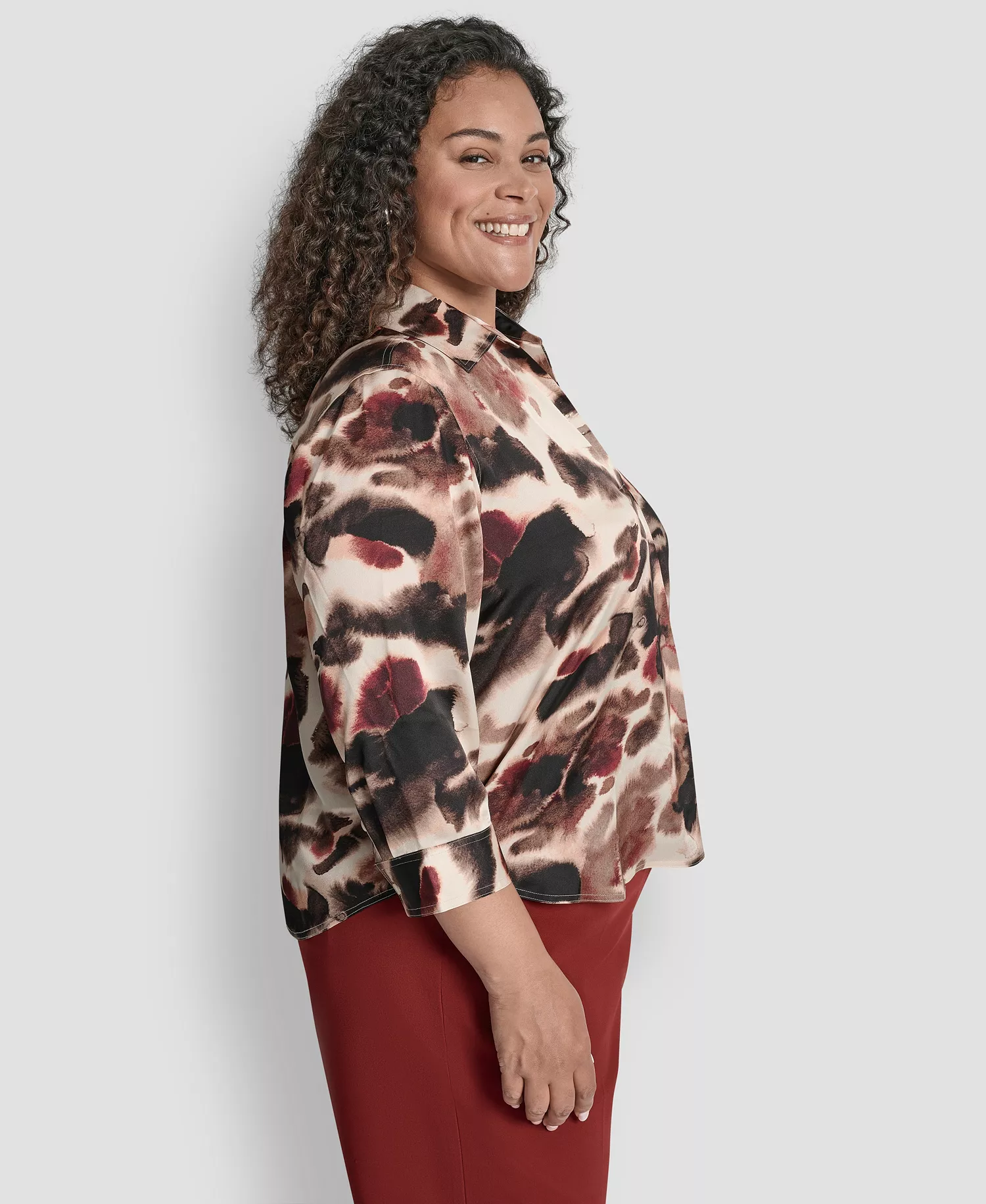 Plus Size Printed Pleat-Front 3/4-Sleeve Blouse - Blonde Truffle Multi - 1X