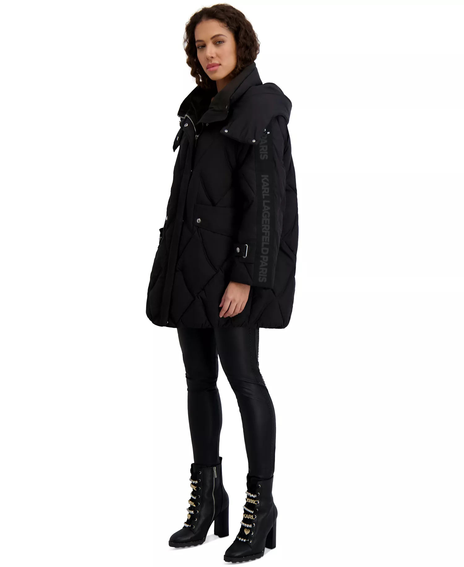Women's Hooded A-Line Puffer Coat - Black - L
