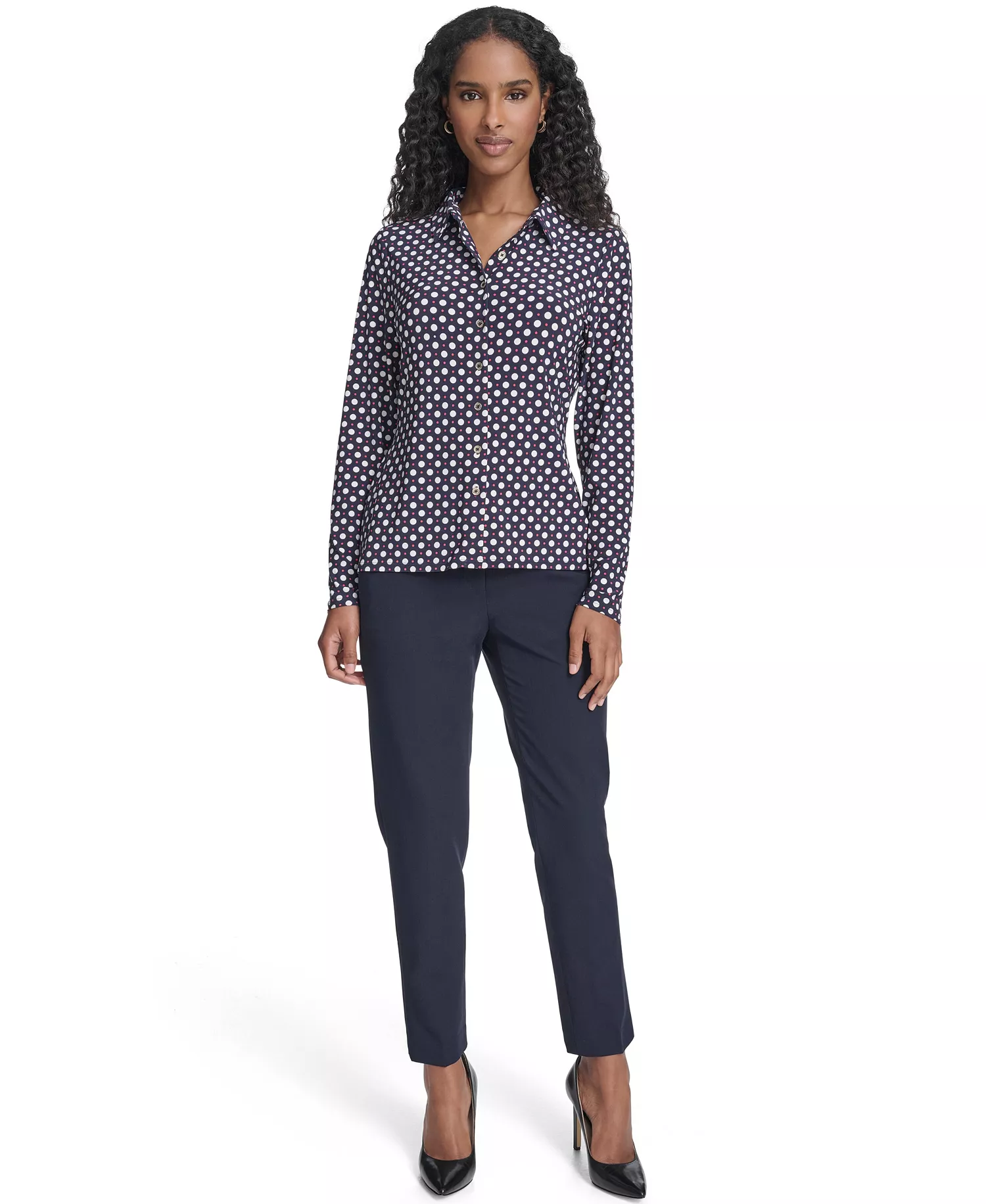 Women's Double Dot Long-Sleeve Button Down Shirt - Midnight/ Ivory/ Rethink Pink - L