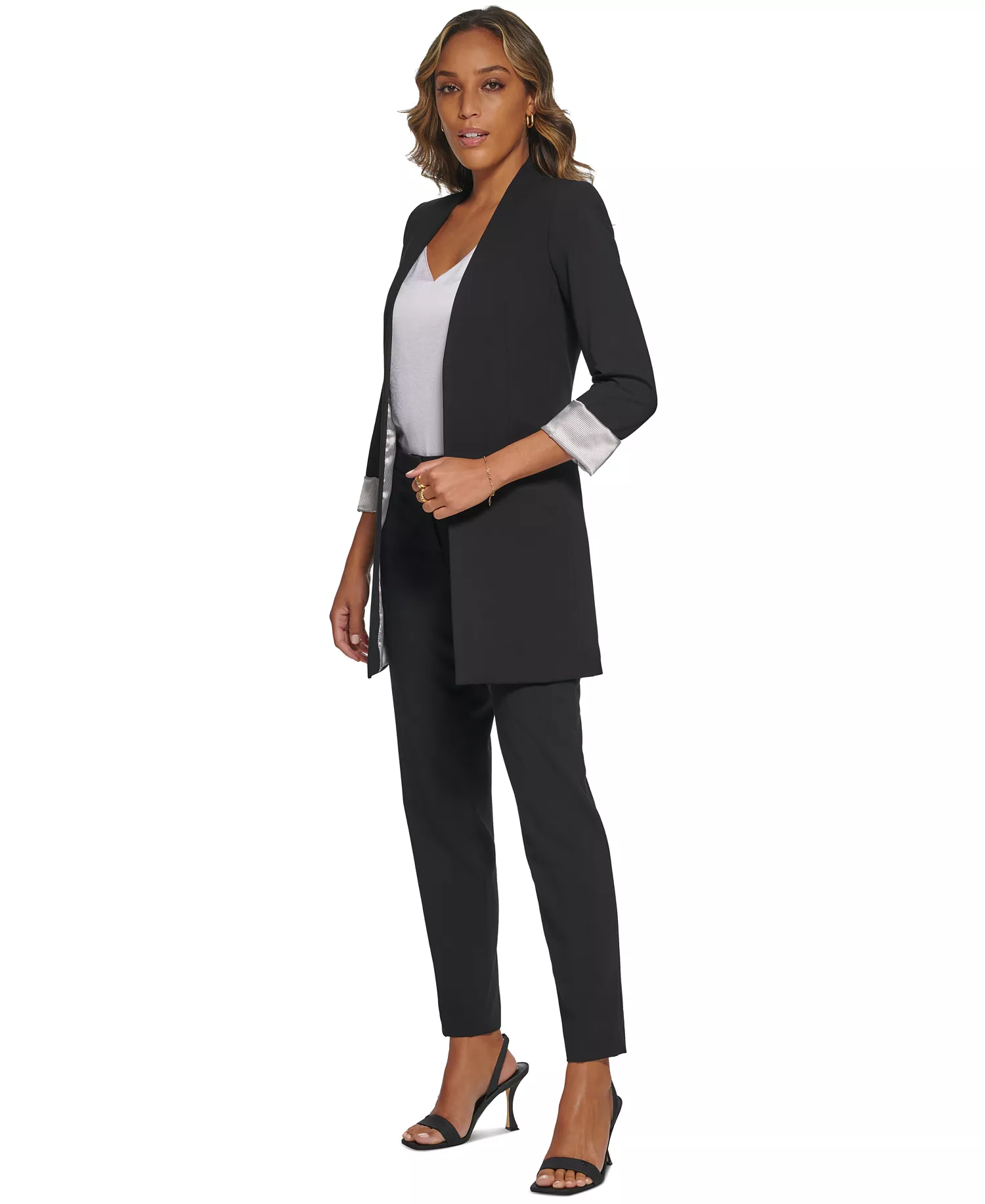 Petite Roll Sleeve Open Front Blazer - Black - 10P