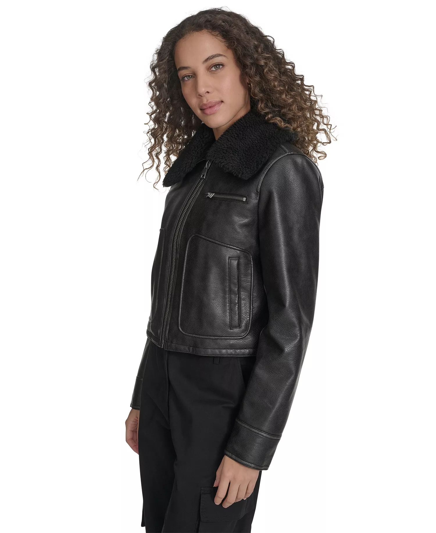 Women's Regular Faux Leather Aviator Jacket - Black - L