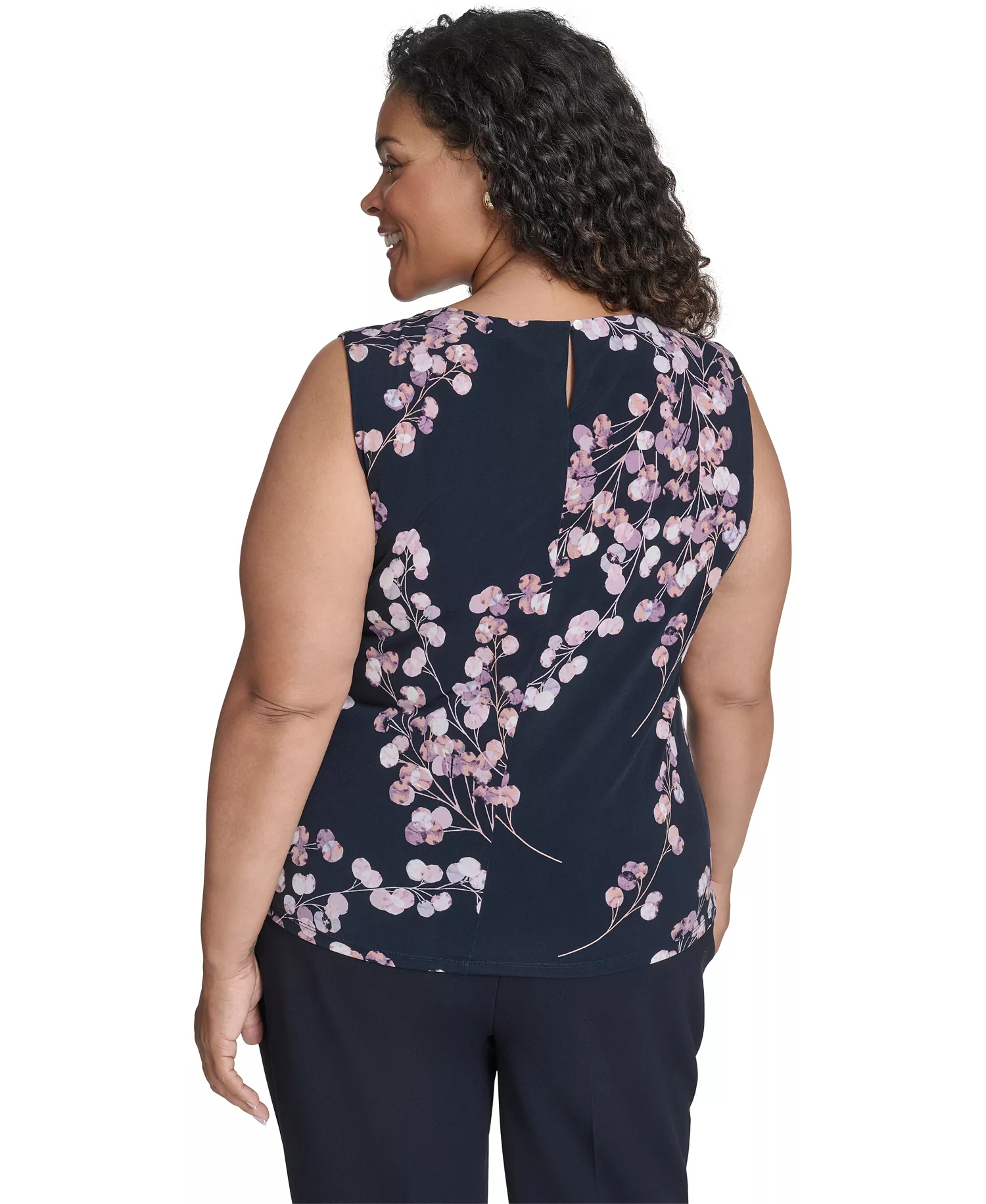 Women's Plus Size Printed Sleeveless Scoop Neck Top - Navy Cream Multi - 1X