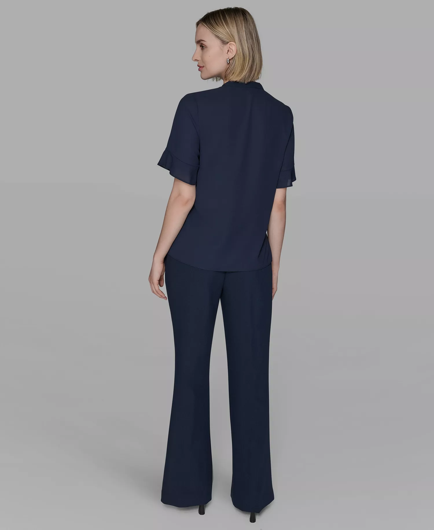 Women's V-Neck Ruffle Front Top - Navy - L