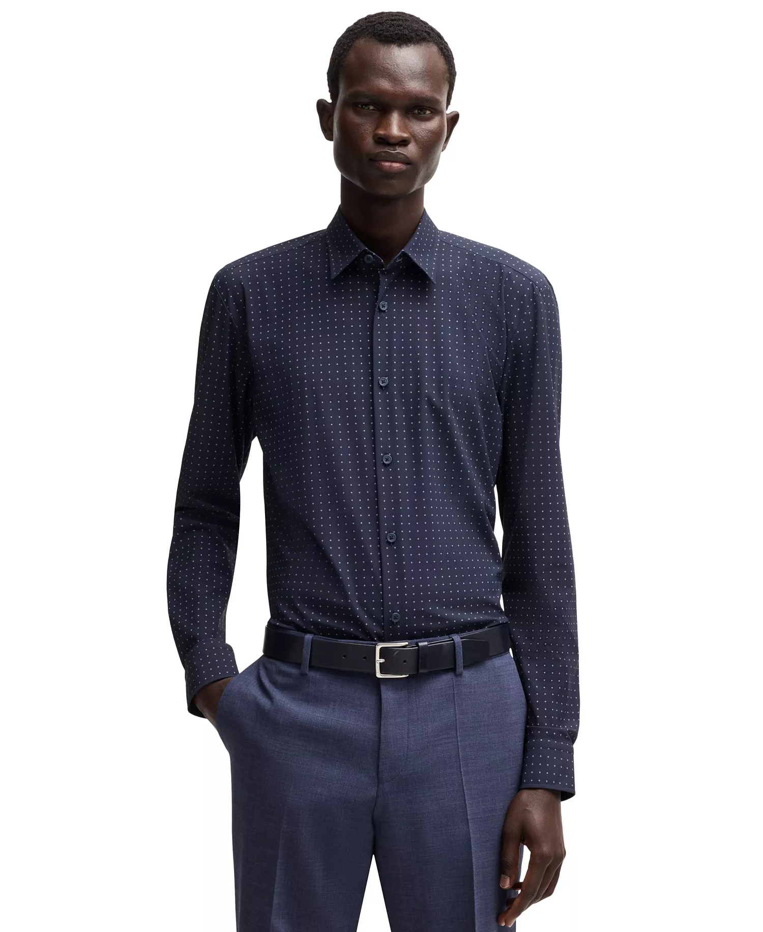 Men's Stretch Jersey Slim-Fit Dress Shirt - Dark Blue - L