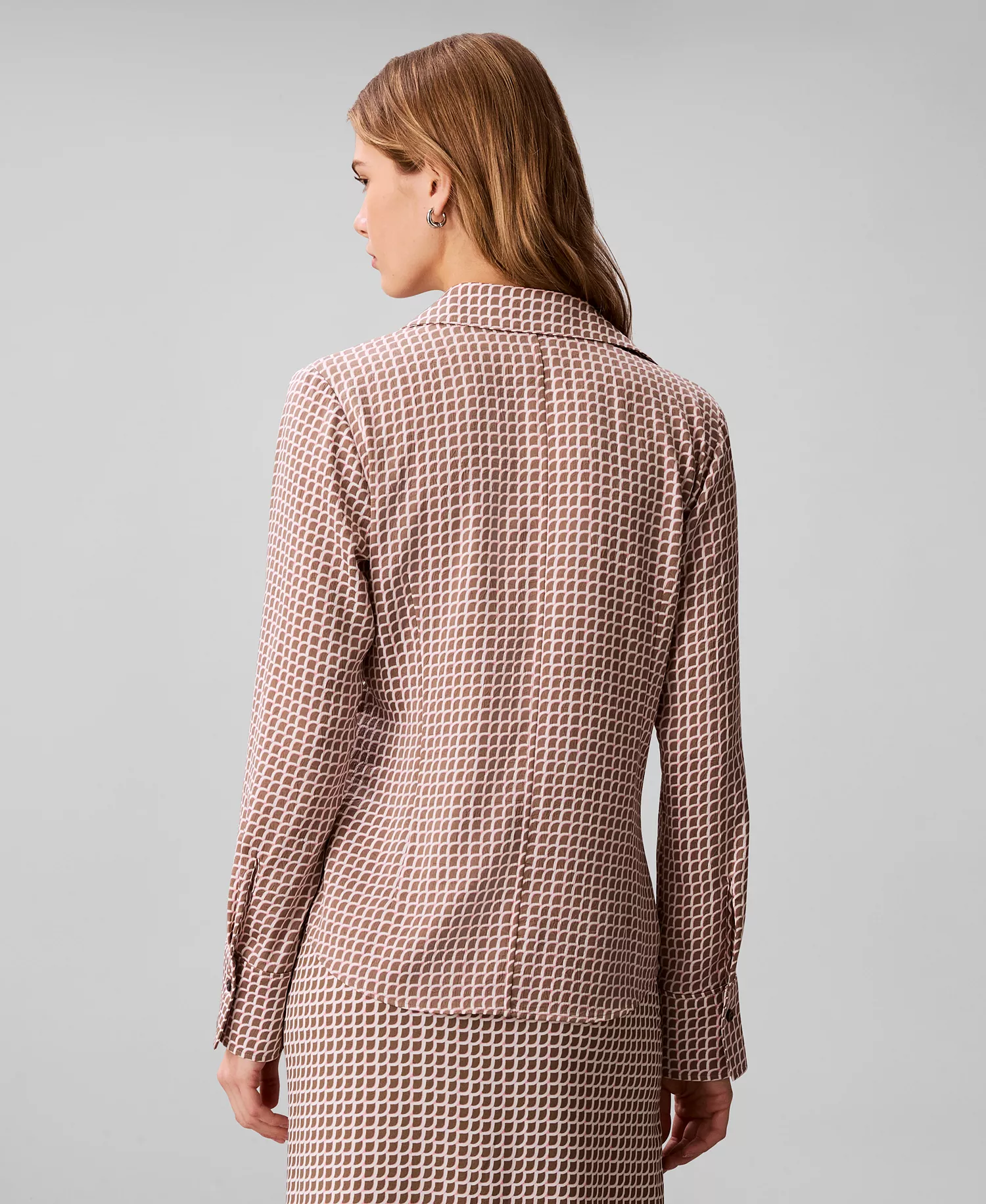 Women's Printed Button-Down Shirt and Women's Printed Midi Skirt - Walnut Tiled Scale Print - L