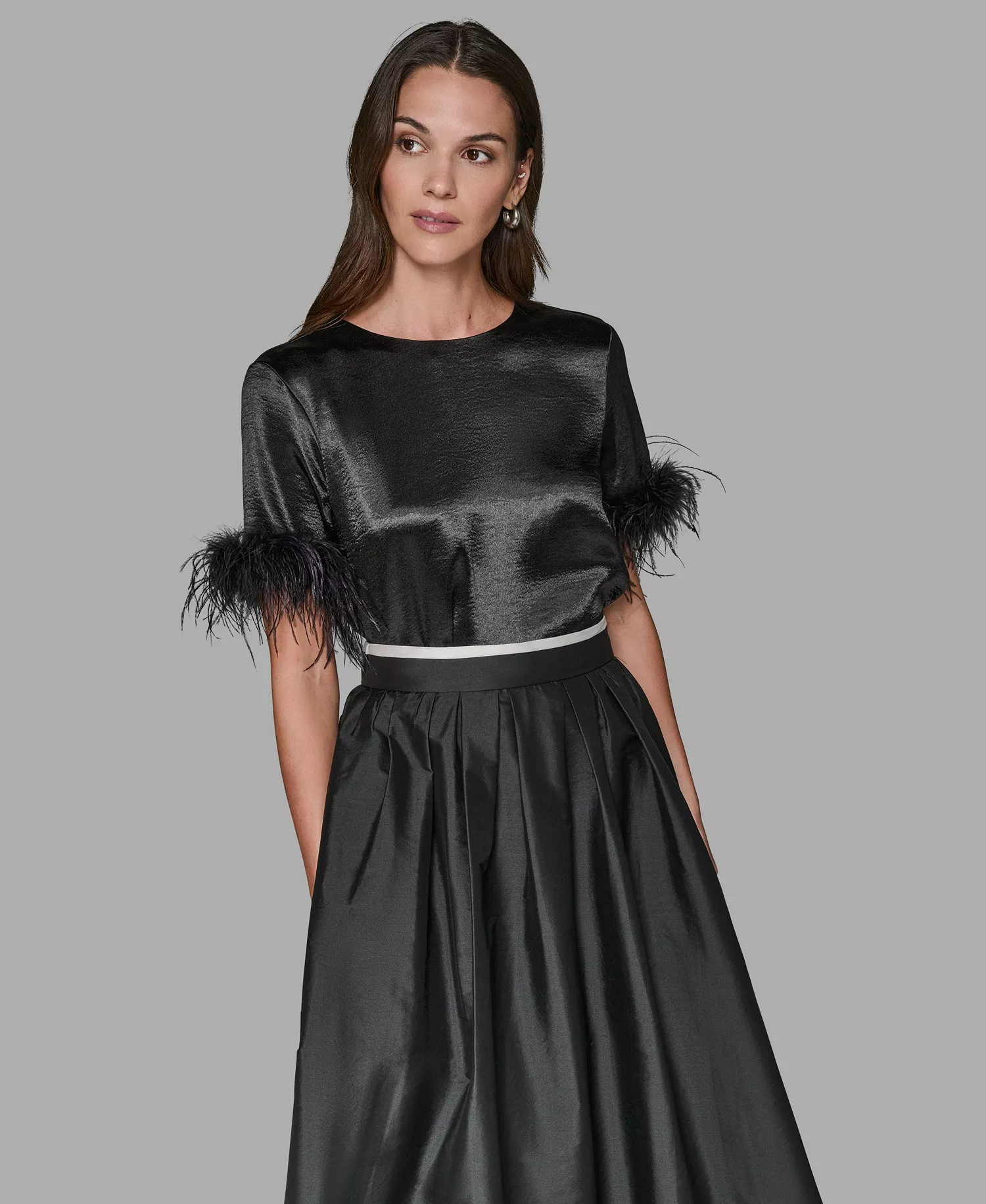 Women's Crewneck Feather Trim Top - Black - M