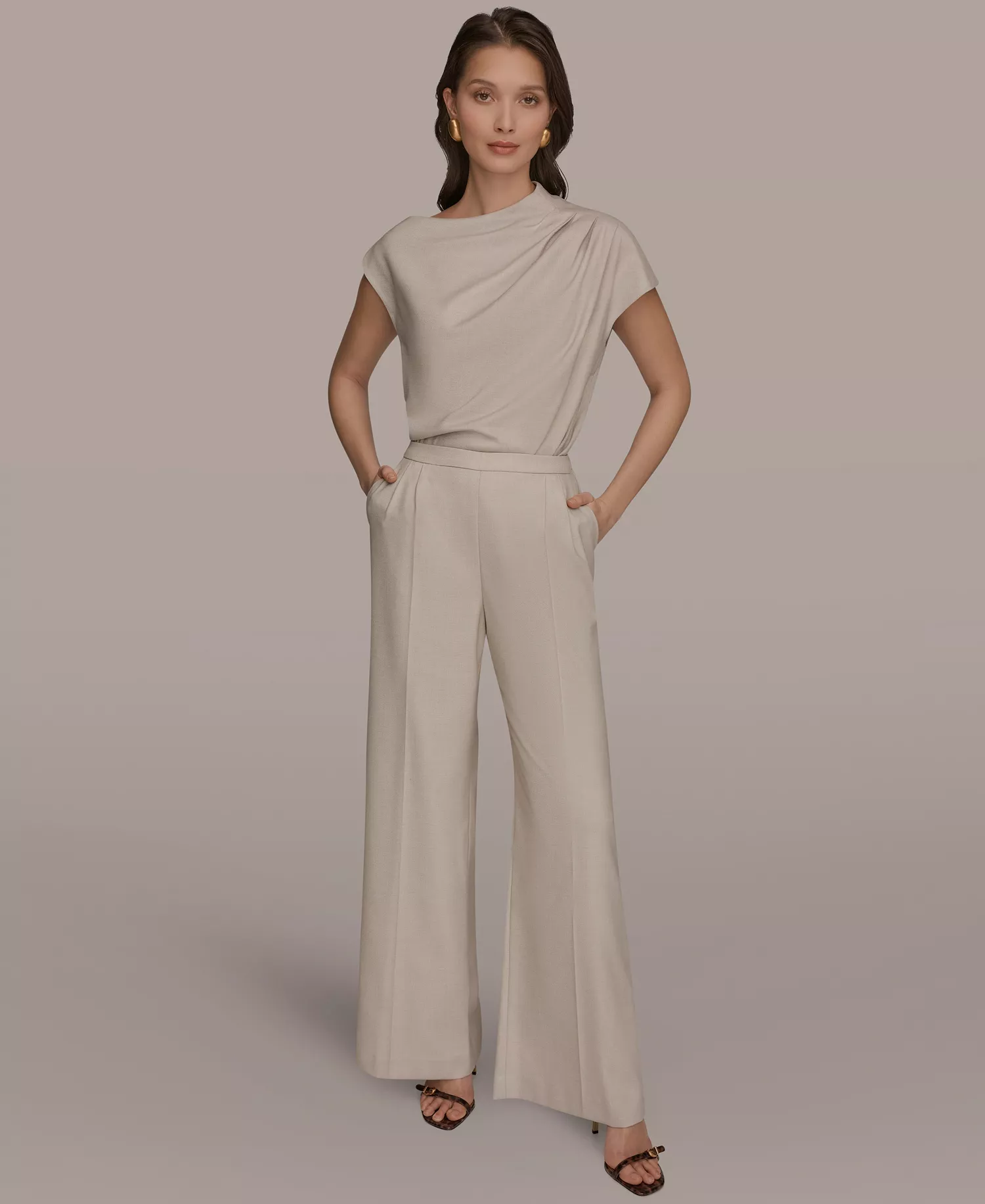 Women's Straight Leg Tie-Waist Pants and Draped Neck Blouse - Tuscan Grey - 0