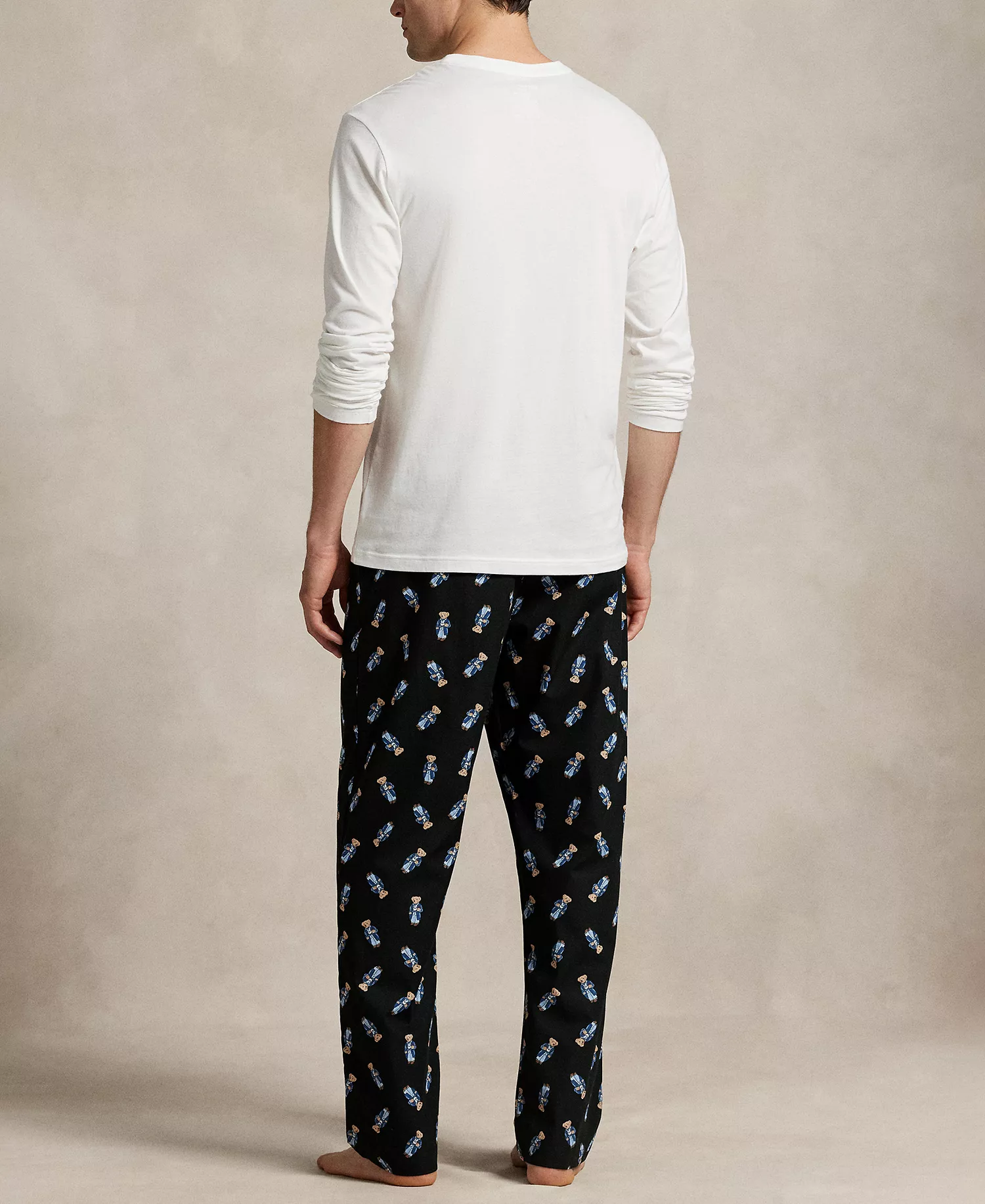 Men's Knit Long-Sleeve Crewneck T-Shirt and Pajama Pants, 2-Piece Set - White/Black - L
