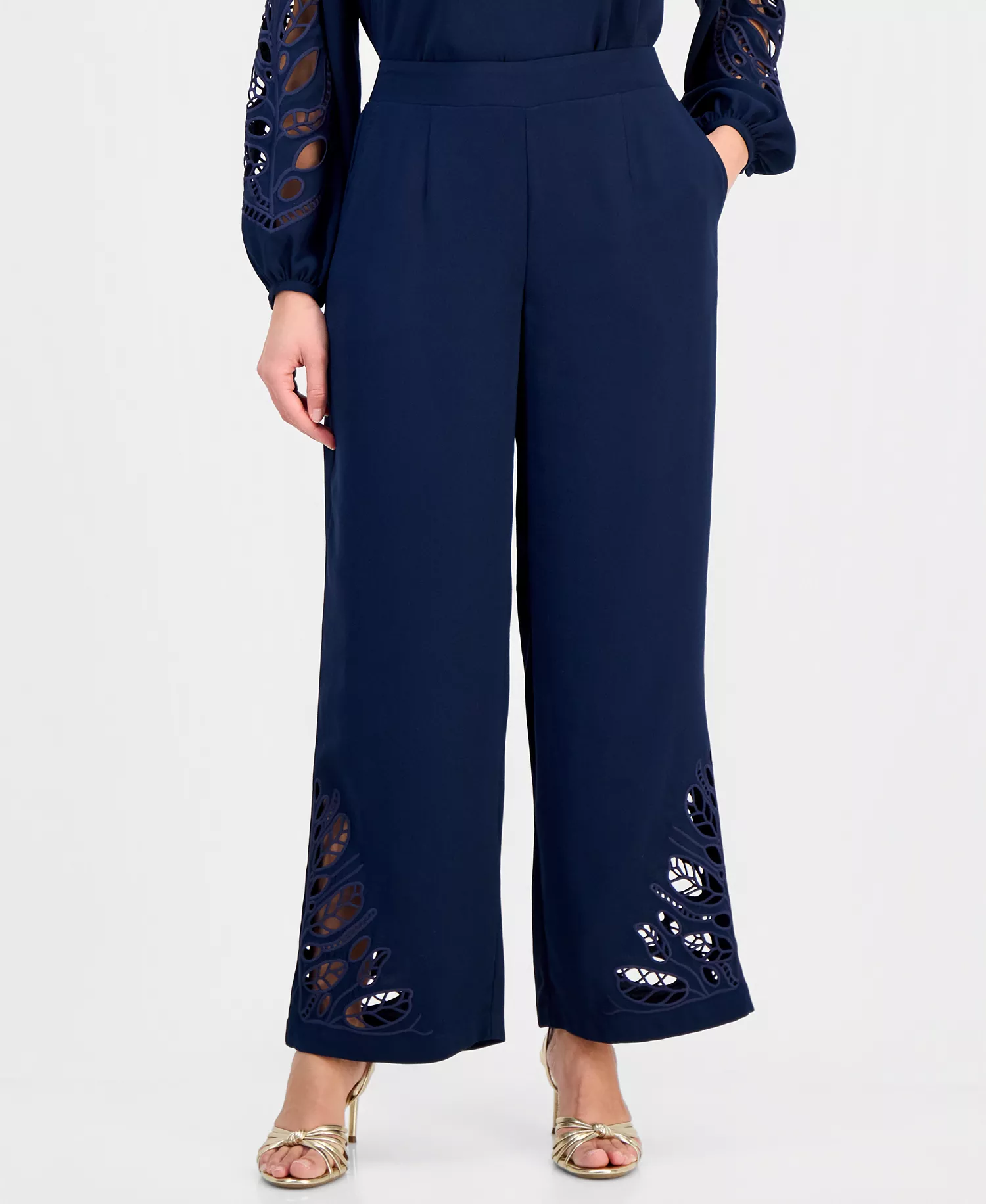 Women's Embroidered-Hem Wide-Leg Pants - Navy - L
