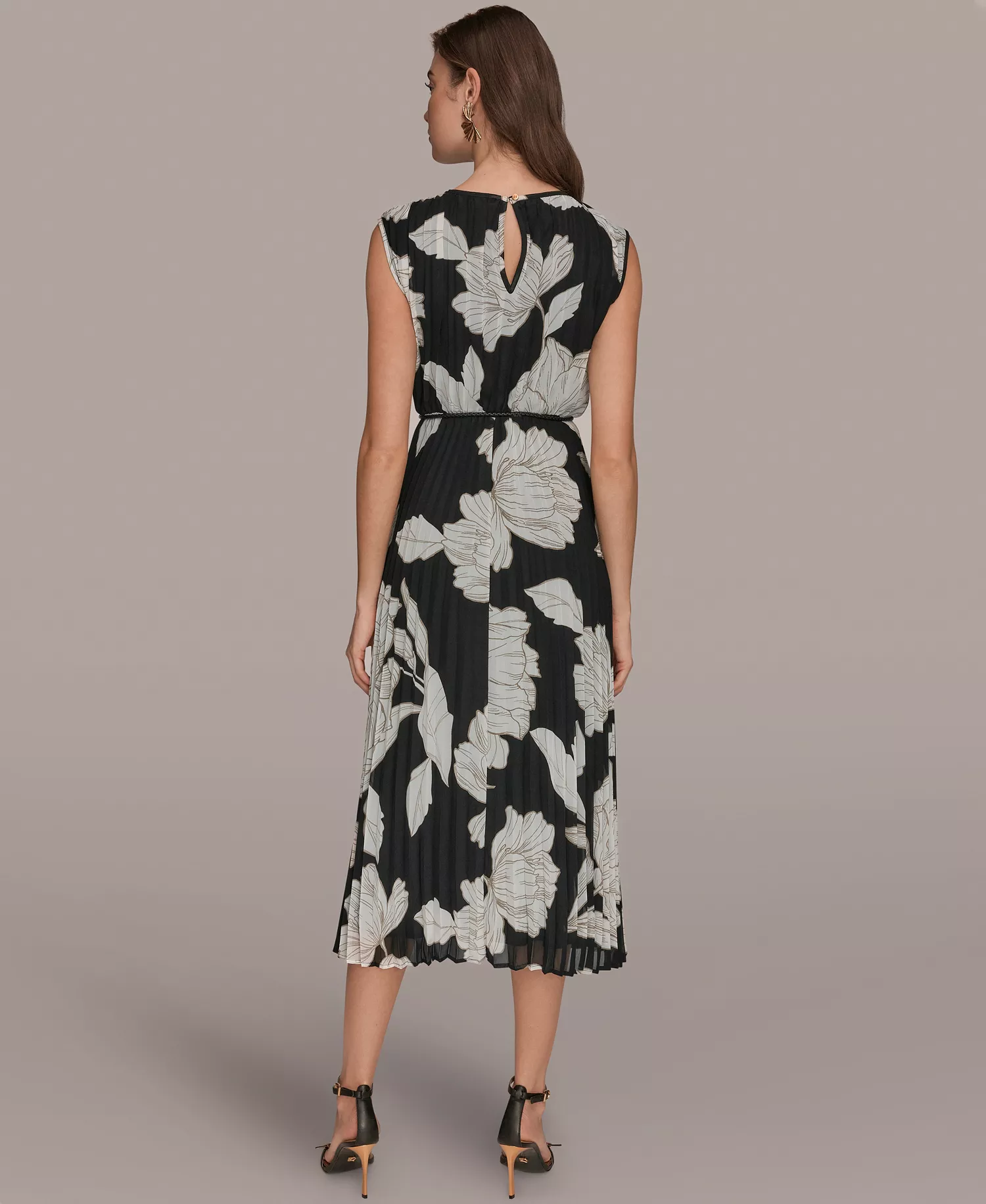Women's Floral Crew neck Midi Dress - Black/Fawn/Cream - 10