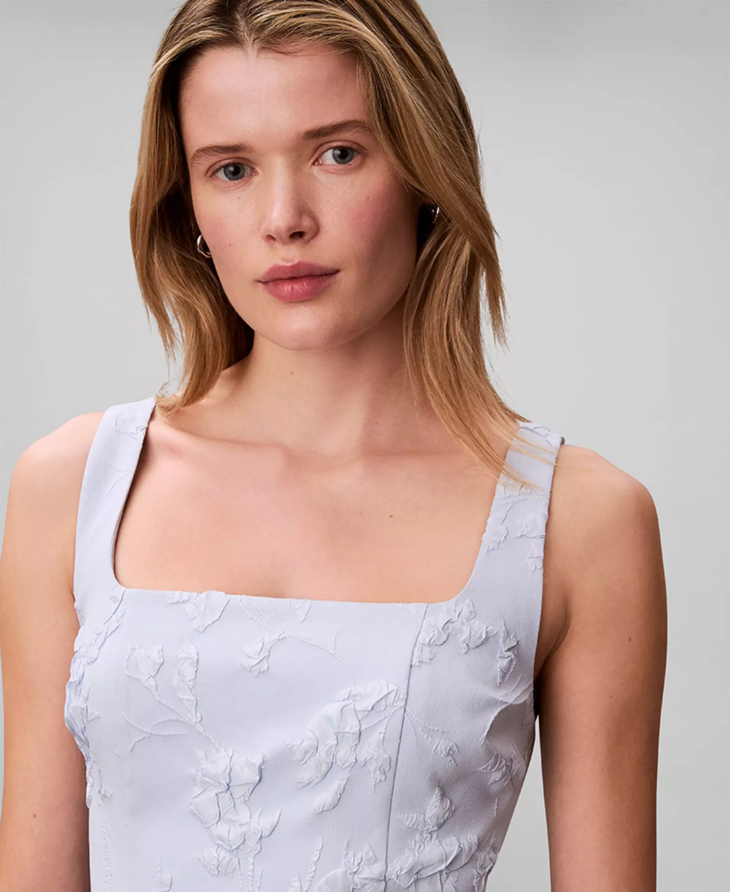 Women's Floral Square Neck Mini Dress - Breezy Blue Floral Cuttings Cloque Jacquard - 10