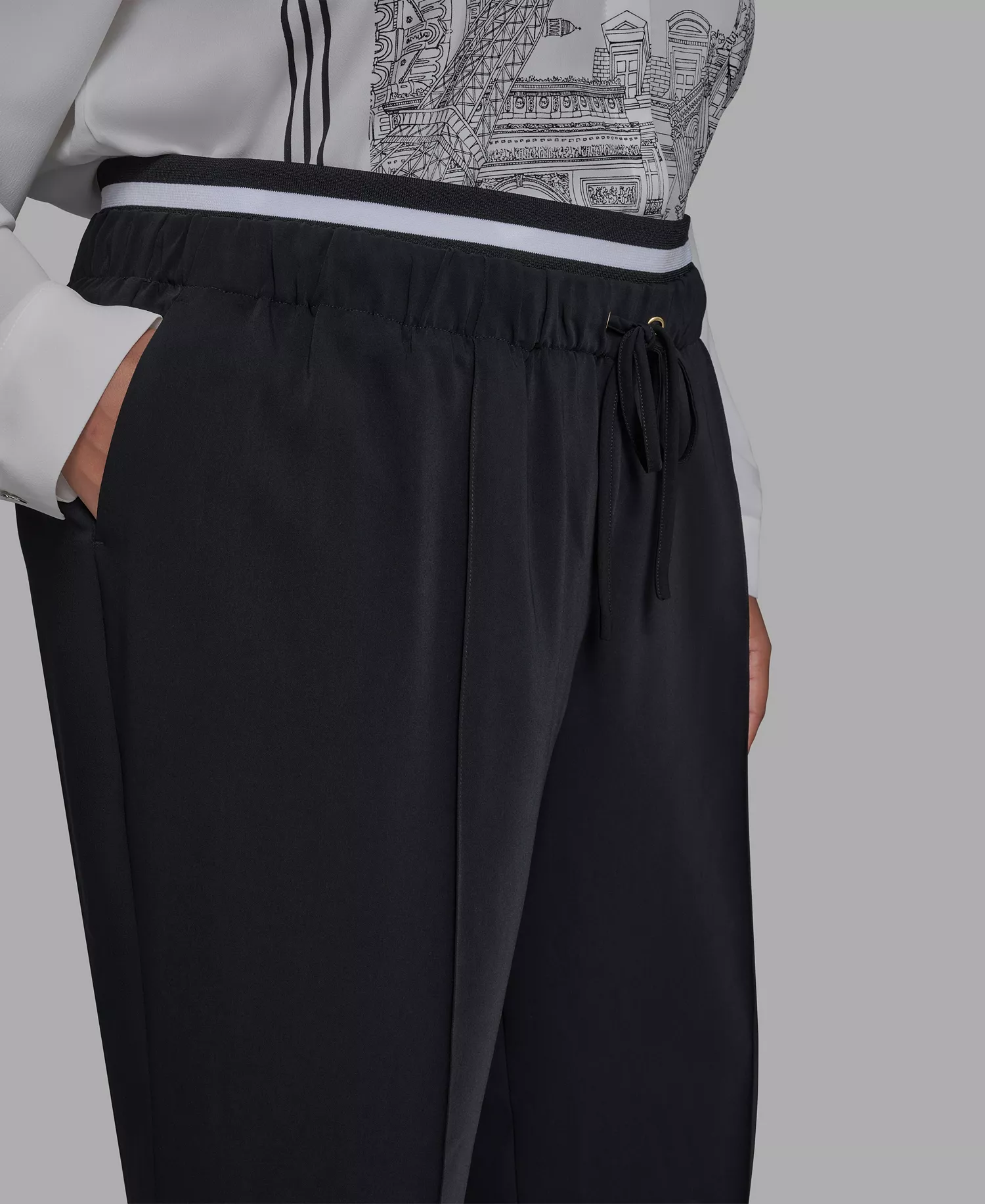 Plus Size Double Waistband Long Casual Pants - Black - 0X