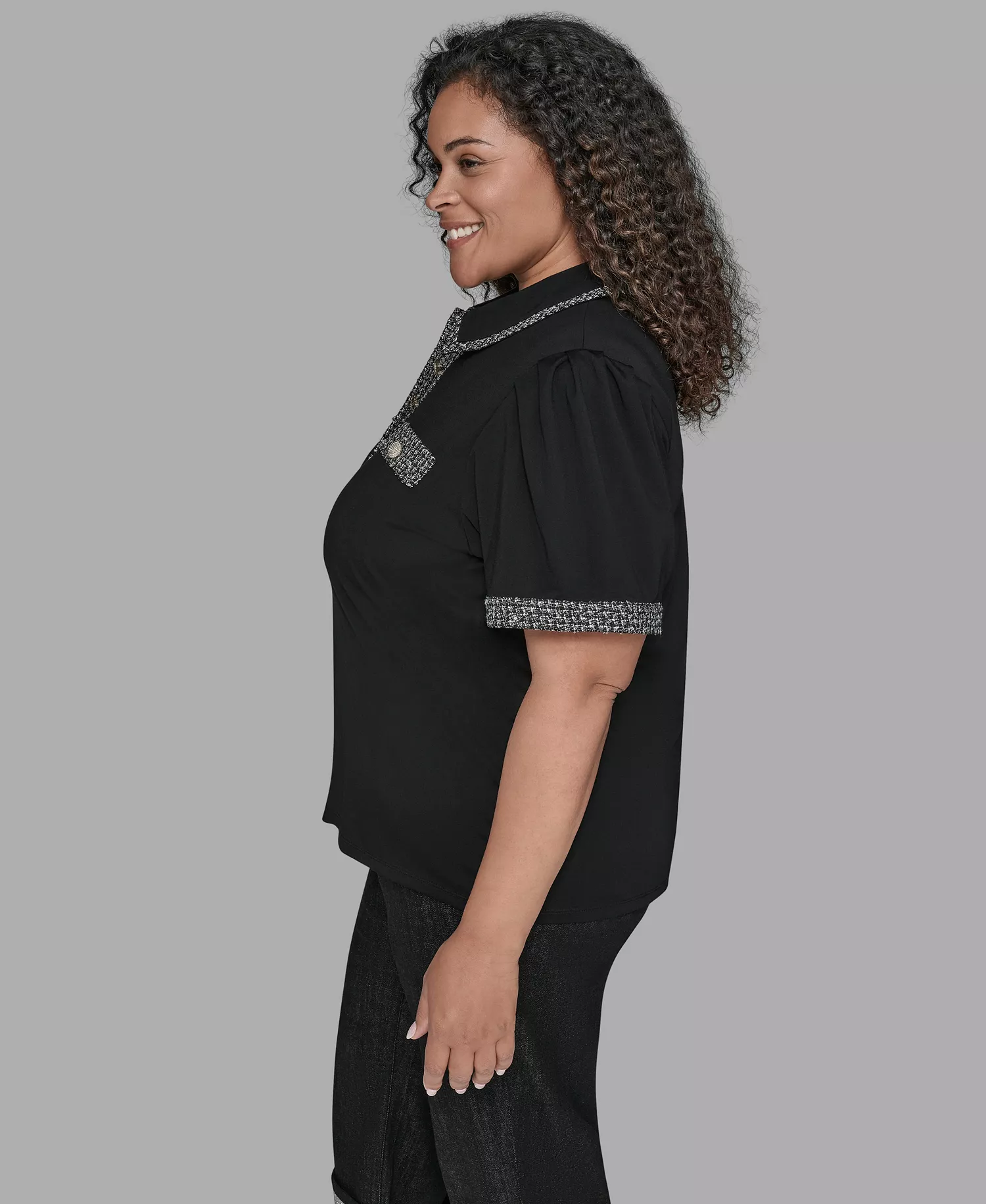 Plus Size Short Sleeve Tweed Trim Knit Top - Black - 2X