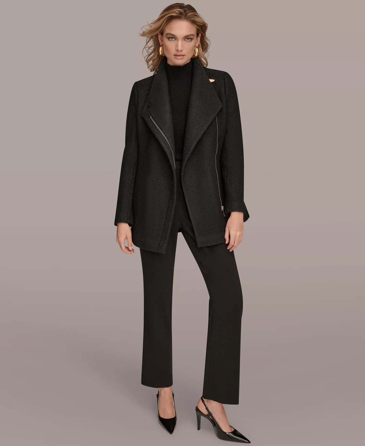 Women's Wing Collar Belted Coat - Black - L
