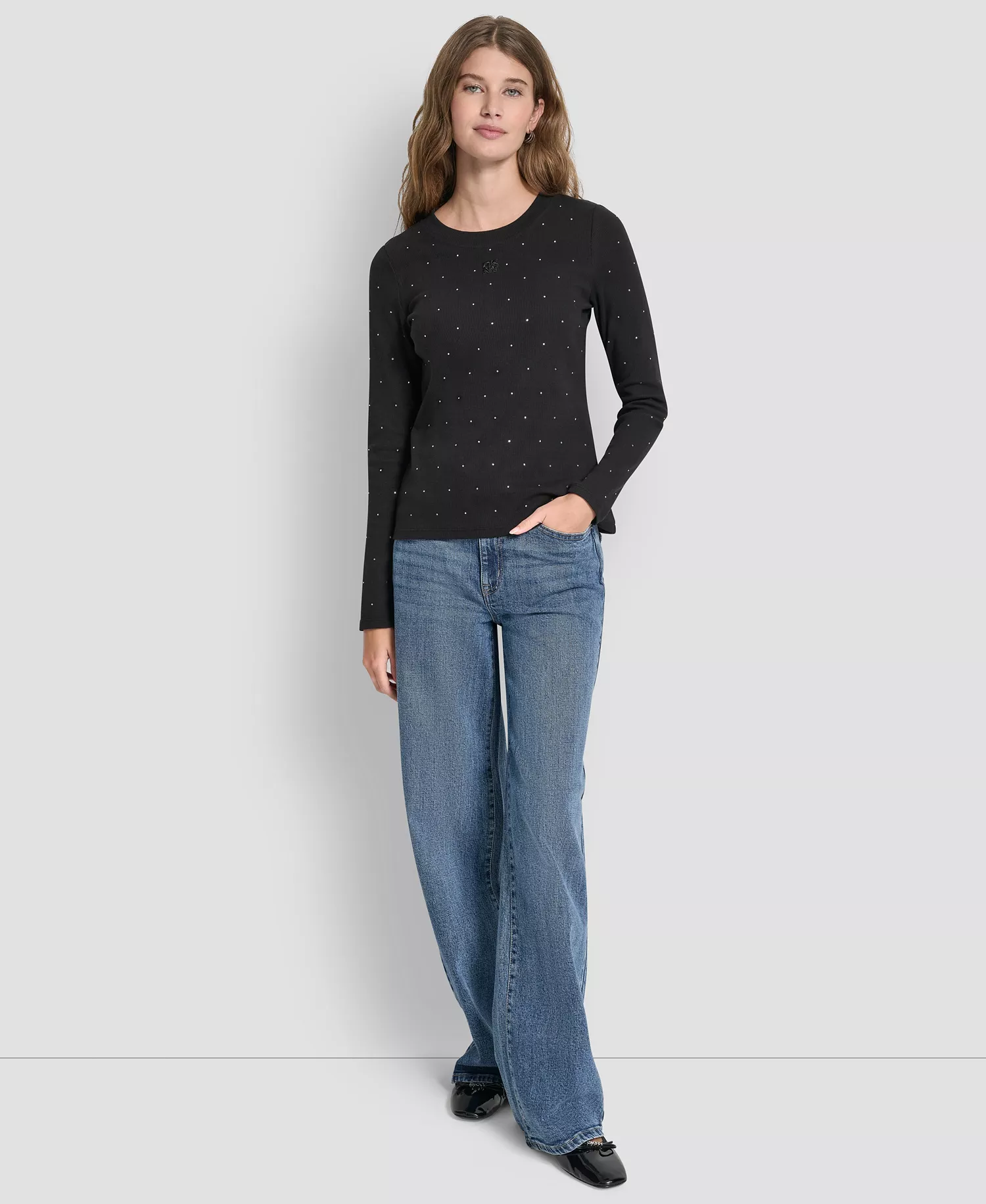 Women's Rhinestone-Embellished Crew Neck Sweater - Black - XS