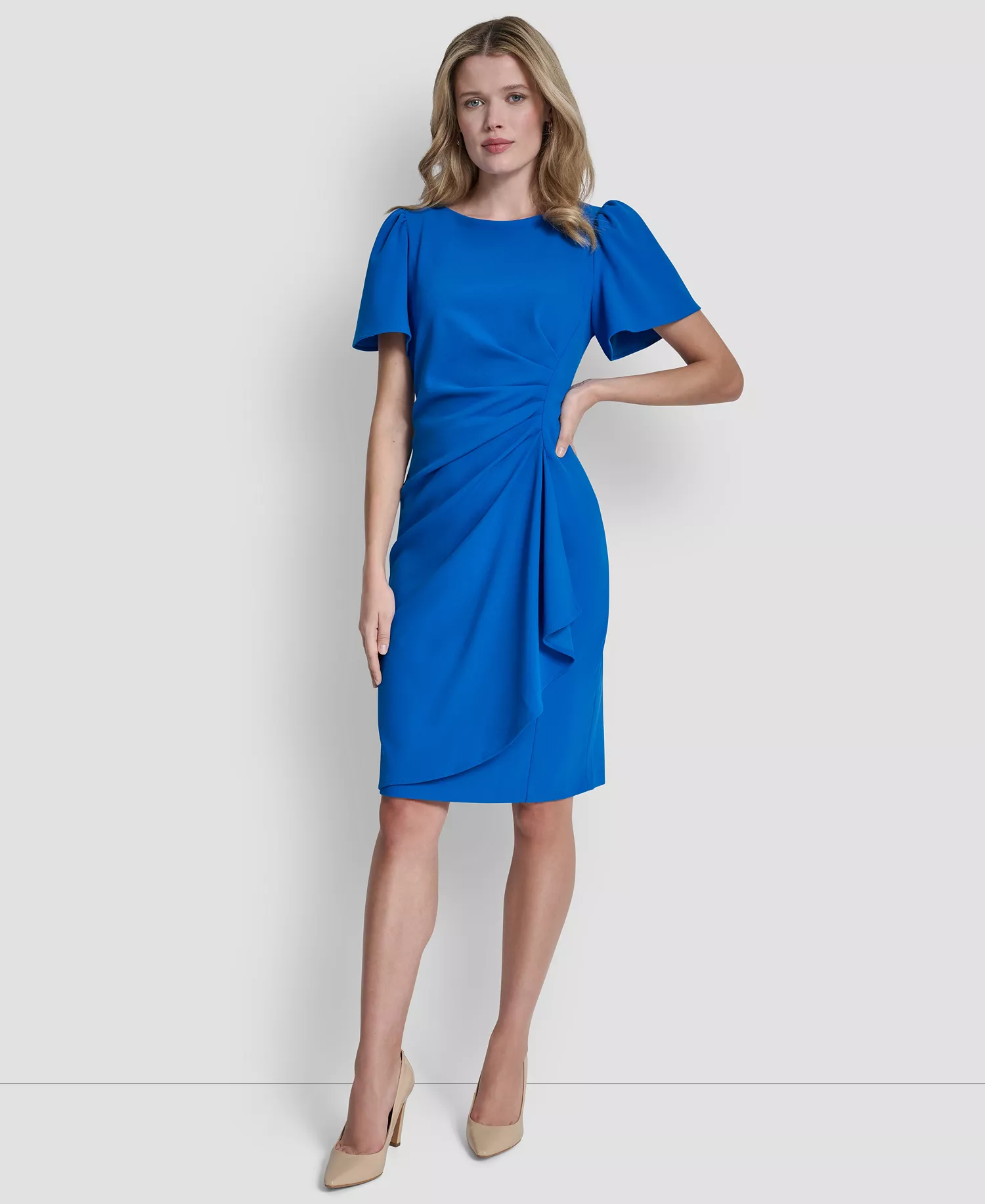 Women's Short-Sleeve Scuba Crepe Ruched Sheath Dress - Skydiver - 10