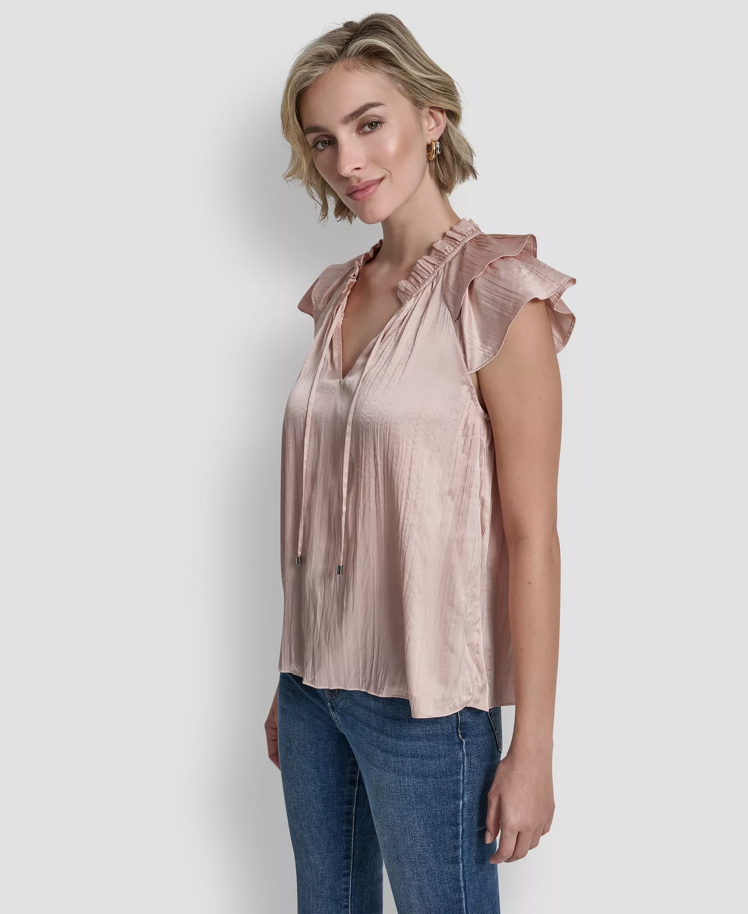 Women's Short-Sleeve Pleated Tie Front Blouse - Cameo - L