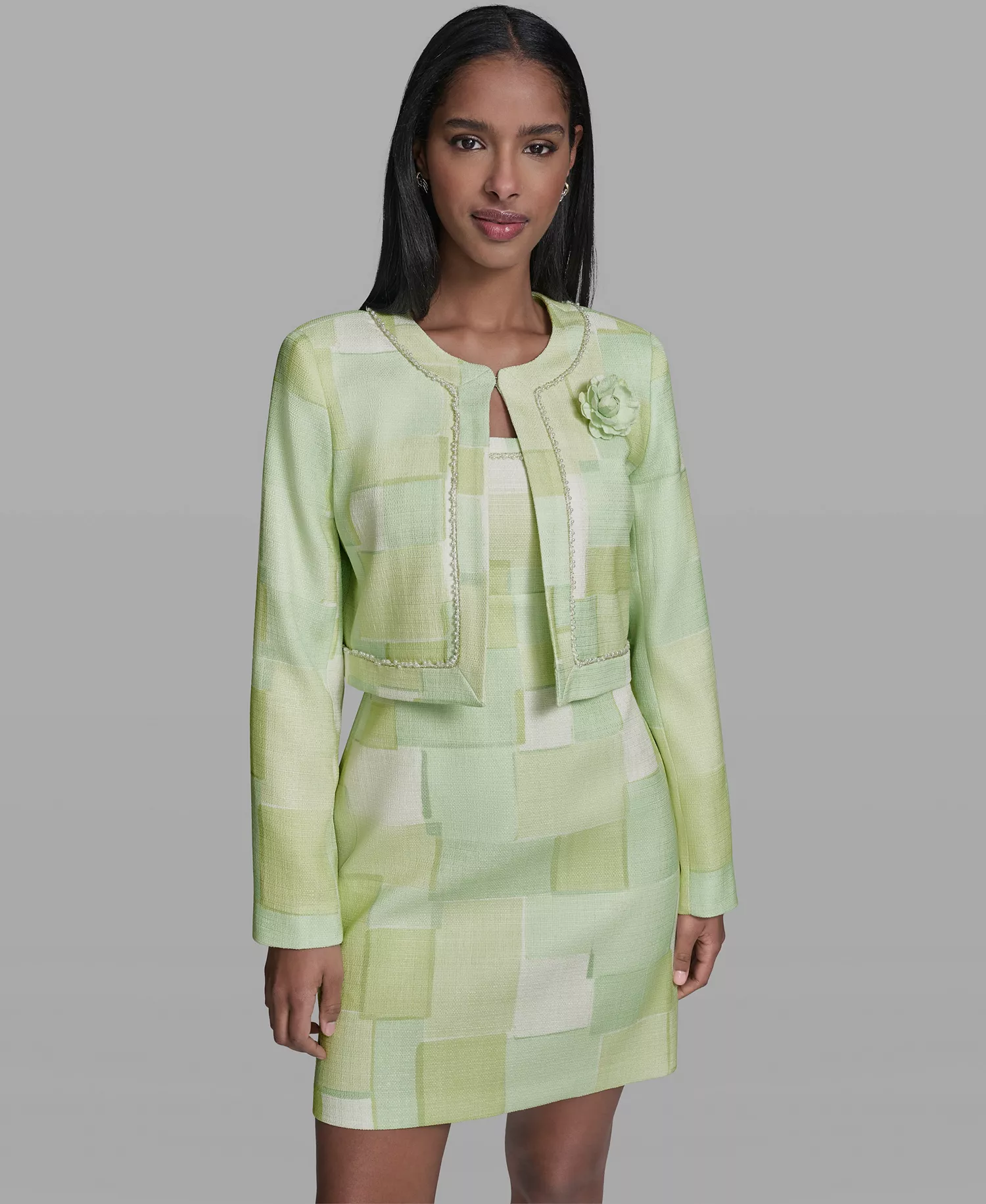 Women's Printed Open-Front Jacket Dress - Tea Green/Soft White Multi - 0