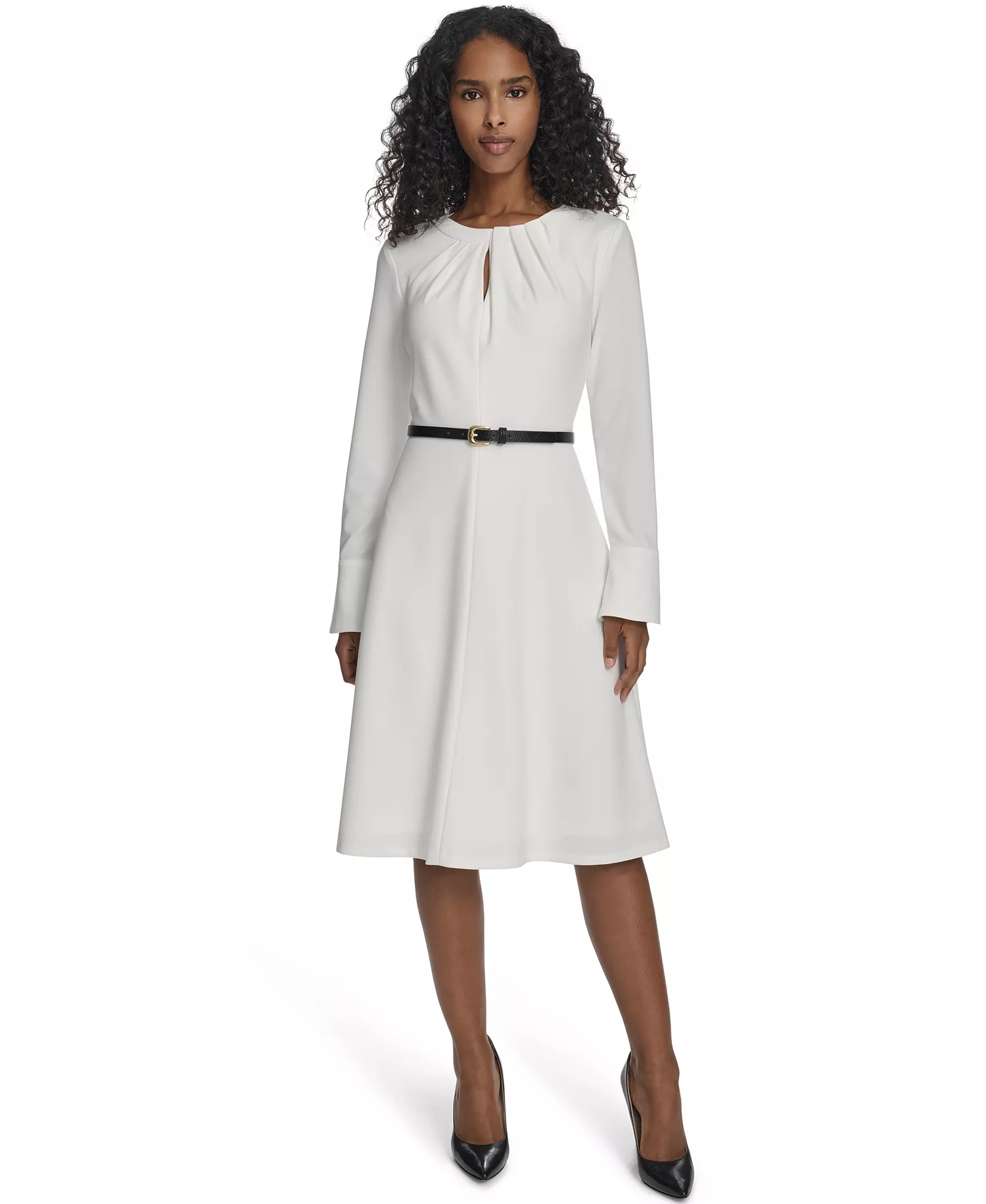 Women's Belted Bell Sleeve Crew Neck Dress - Cream - 10