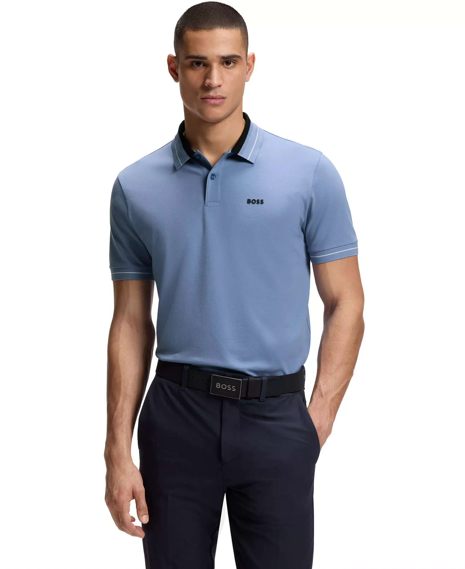 Men's Stretch-Cotton Stripe Trim Polo Shirt - Blue - 2XL