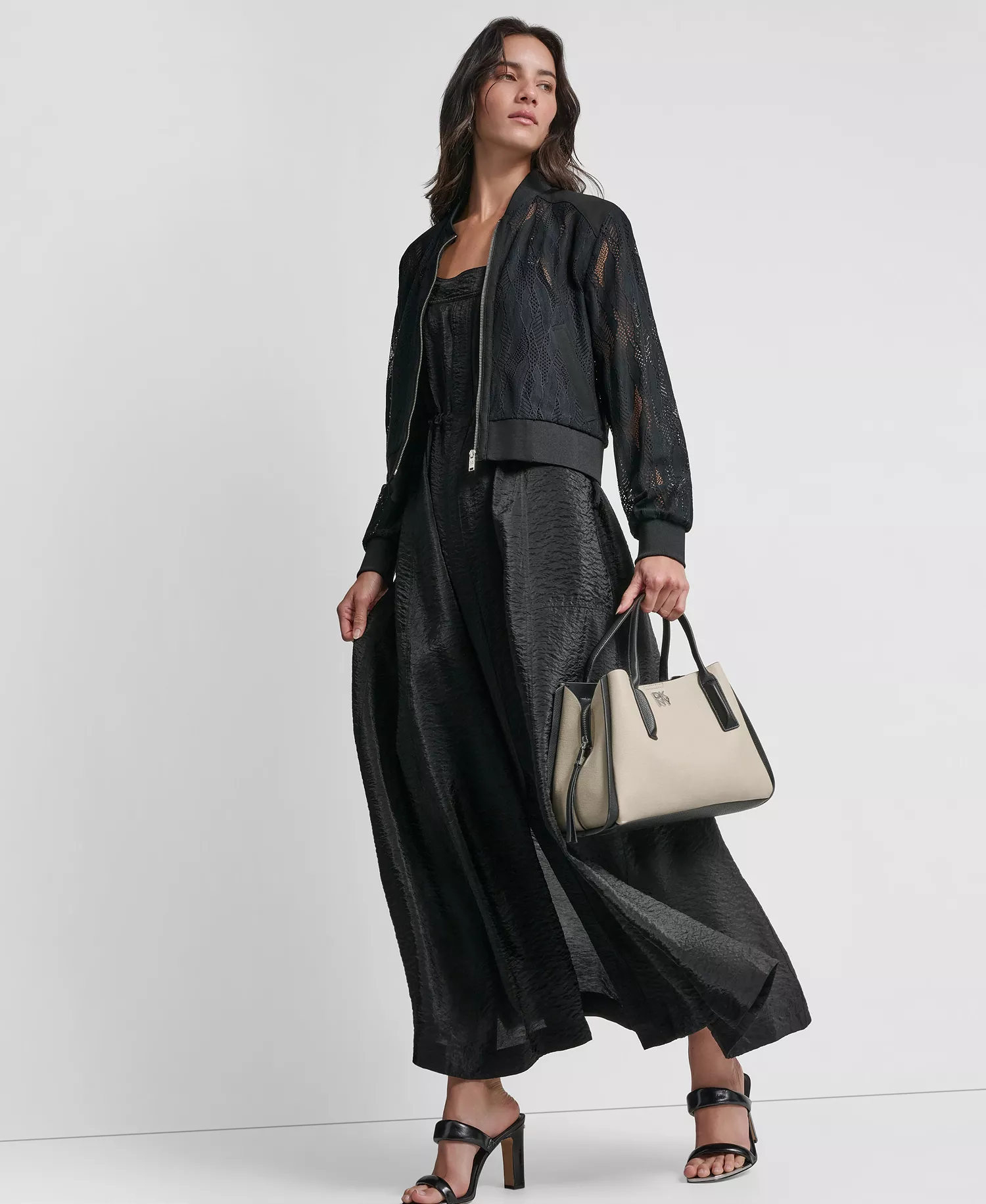 Women's Zip-Front Abstract Lace Zipper Front Jacket - Black - L