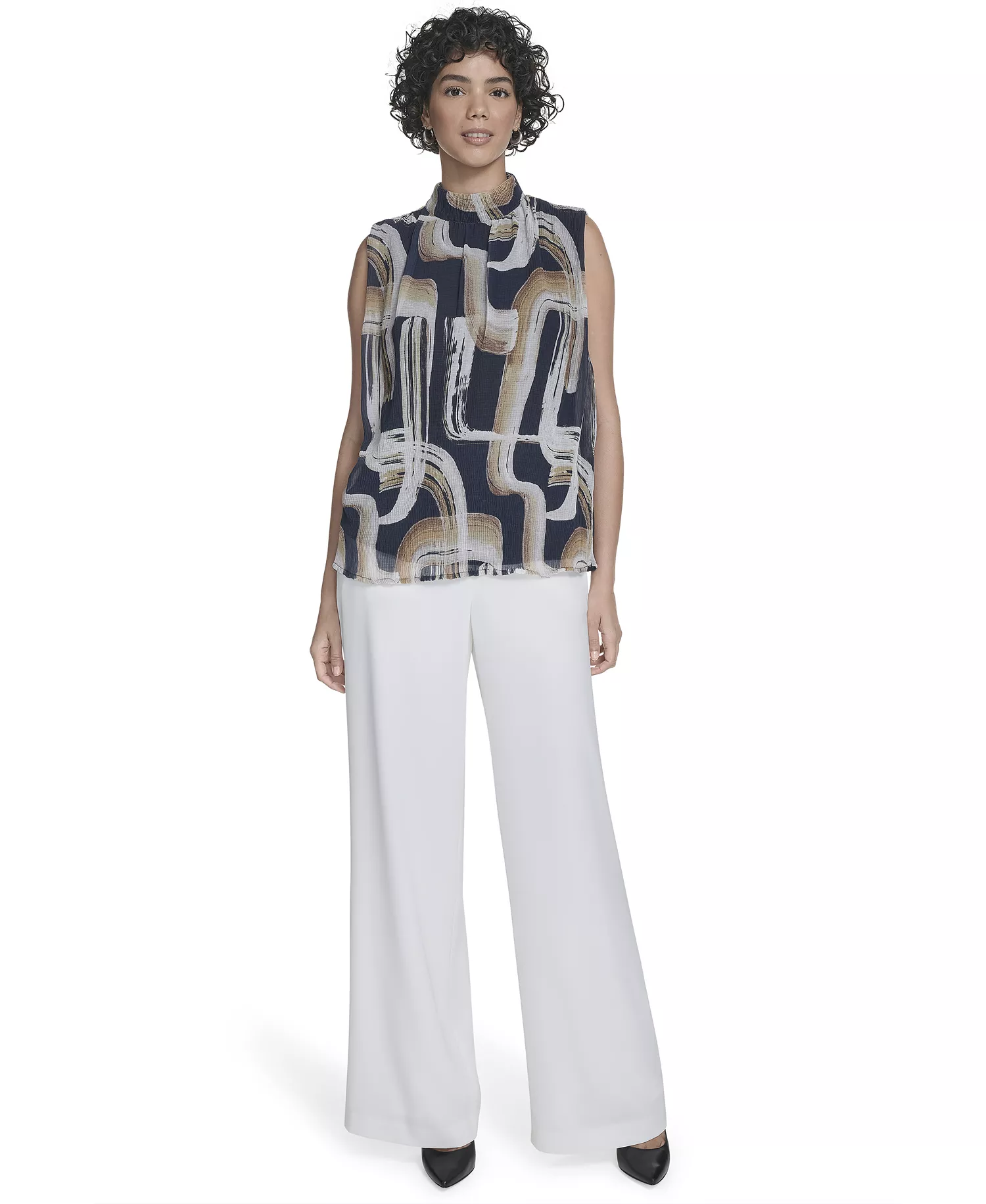 Women's Printed Mock-Neck Sleeveless Blouse - Navy Multi - L